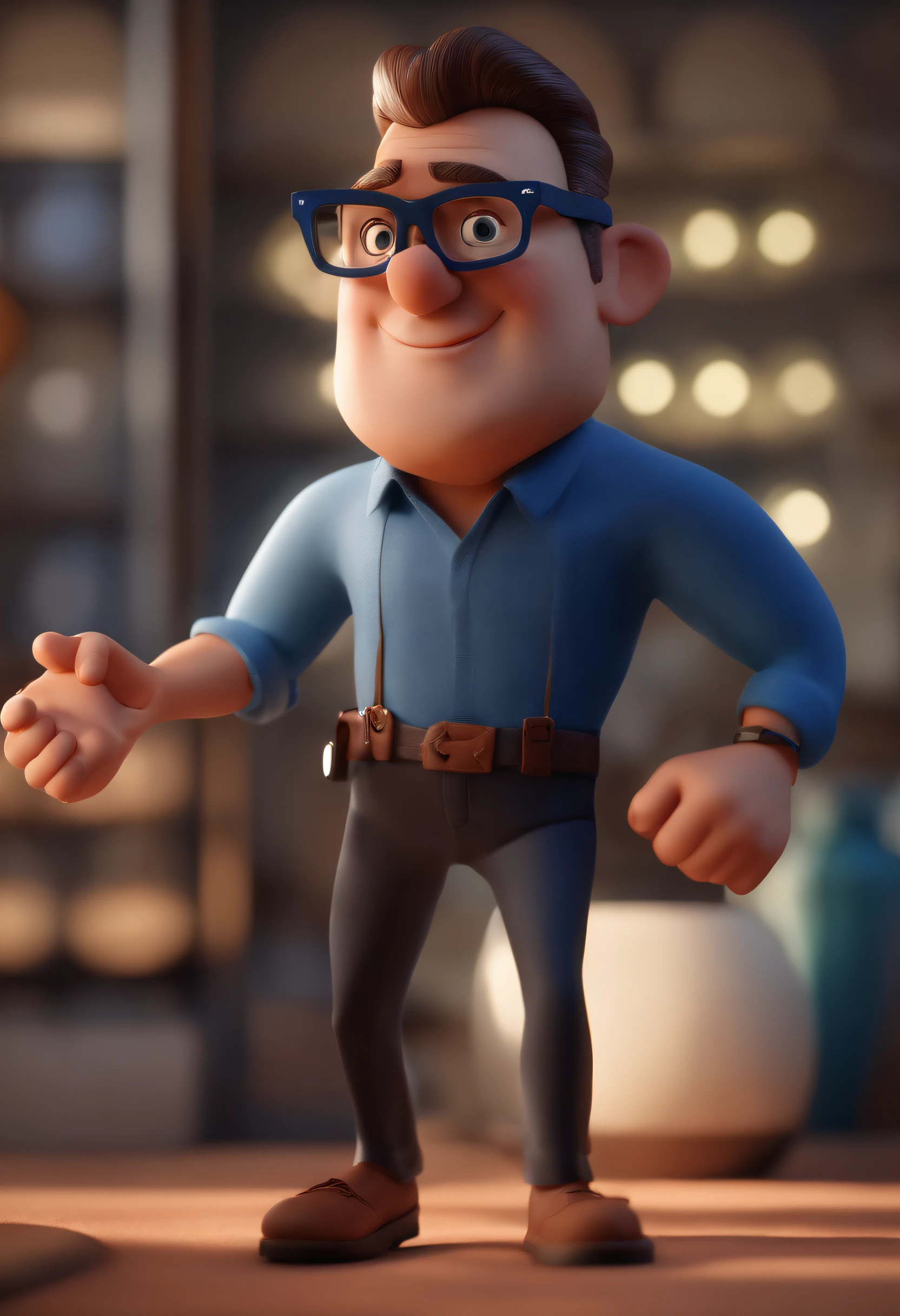Cartoon character of a man with black glasses and a blue shirt, animation character, Caractere estilizado, animation style rendering, 3D estilizado, Arnold Maya render, 3 d render stylized, toon render keyshot, Personagem 3D, Personagem 3D, 3d rendering stylized, 3 d character render, personagem de desenho animado, Personagem de close up, Pose de personagem,  (Estilo Pixar) (master part:1.2) (Bokeh) (best quality) (pele detalhada) (textura detalhada) (8k) (argila) (Cinematic lighting) (foco nítido