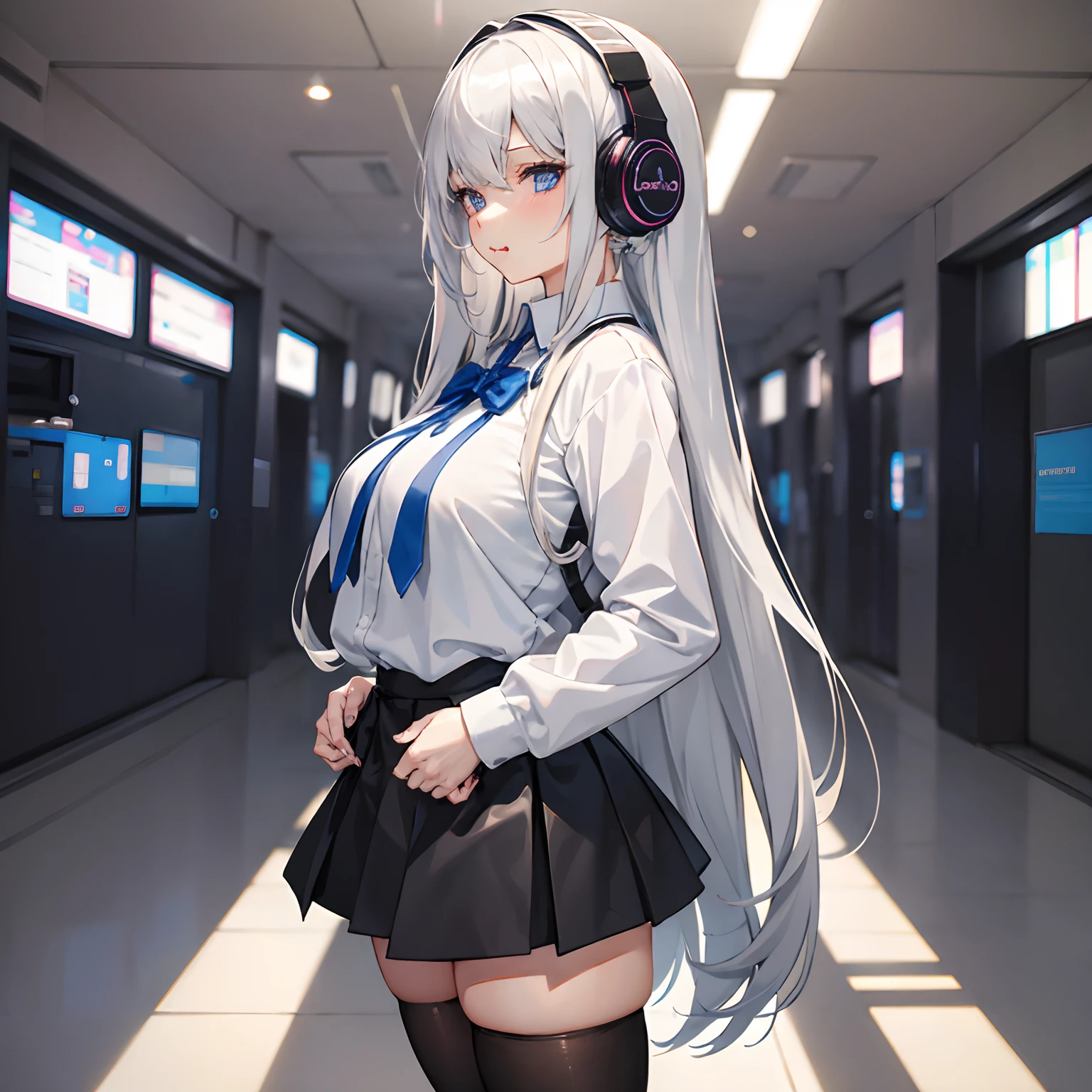 "anime girl, 1 person, silver white hair mixed with black, blue eyes, wearing headphones, female shirt, female school uniform, big breasts, hands on chest, tights, standing with crossed legs, holding hands  gun pointed at perspective, licking lips, side view, (full HD 4K+ image)"