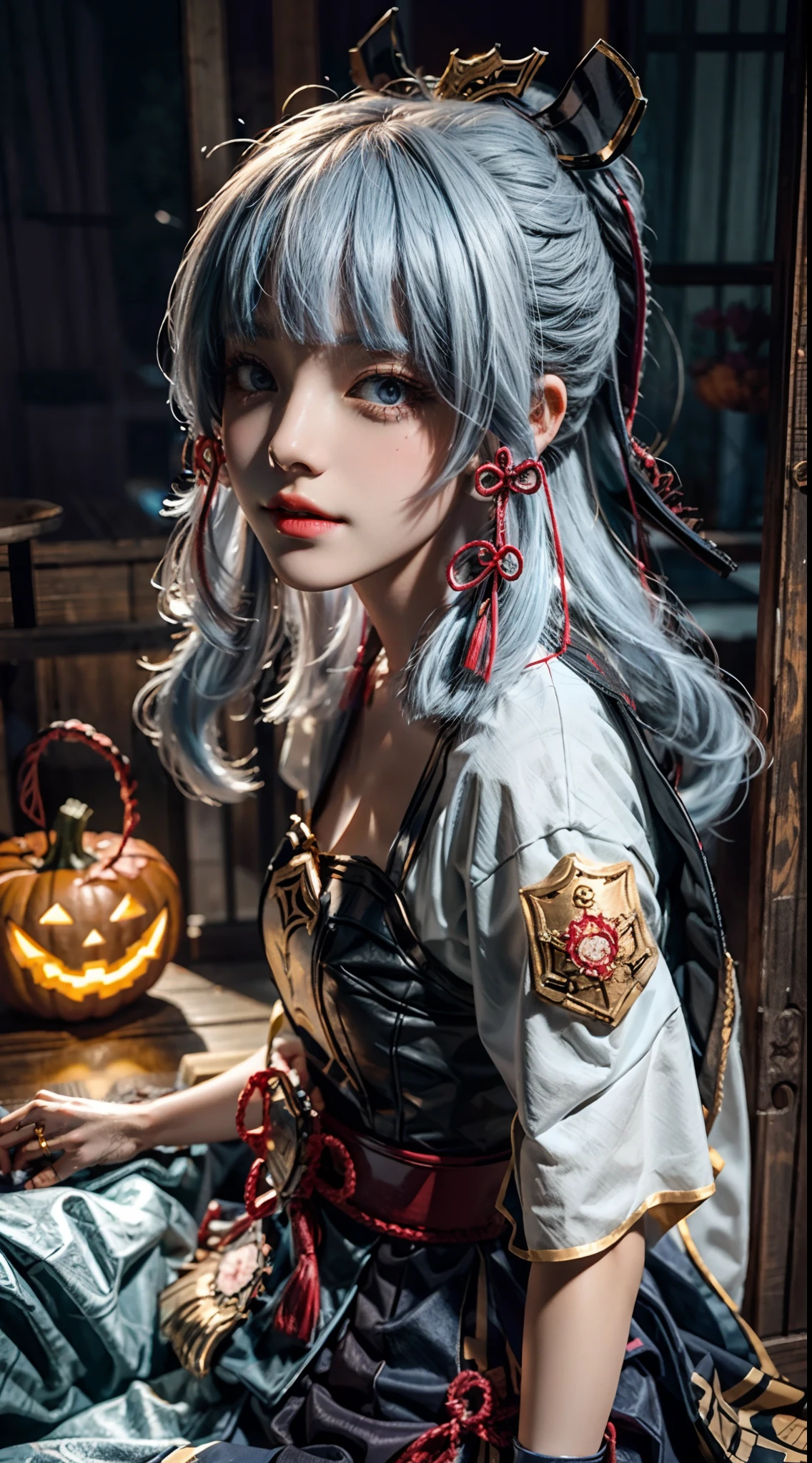 A girl,cosplaying Ayaka from the game Genshin impact, with a Halloween background, sitting,full body, pumpkin lantern, highest quality (best quality, masterpiece:1.1) and has a realistic appearance (realistic:1.4),pale white-blue hair,The focus is on the detailed depiction of the girl's face, specifically her beautiful eyes, detailed lips, and long eyelashes. The girl is dressed in a cosplay costume of the character Ayaka from Genshin impact, and the scene is set against a Halloween-themed background. The colors of the portrait are vibrant and vivid. The lighting is well-balanced, highlighting the girl's features and creating a visually appealing atmosphere.