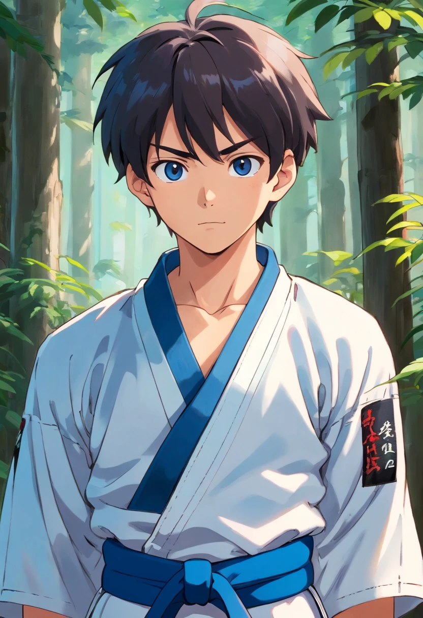 Man, young man looking fixedly, black race color, fine detail, vibrant colors, looking at me, judo sportswear, blue color and black belt