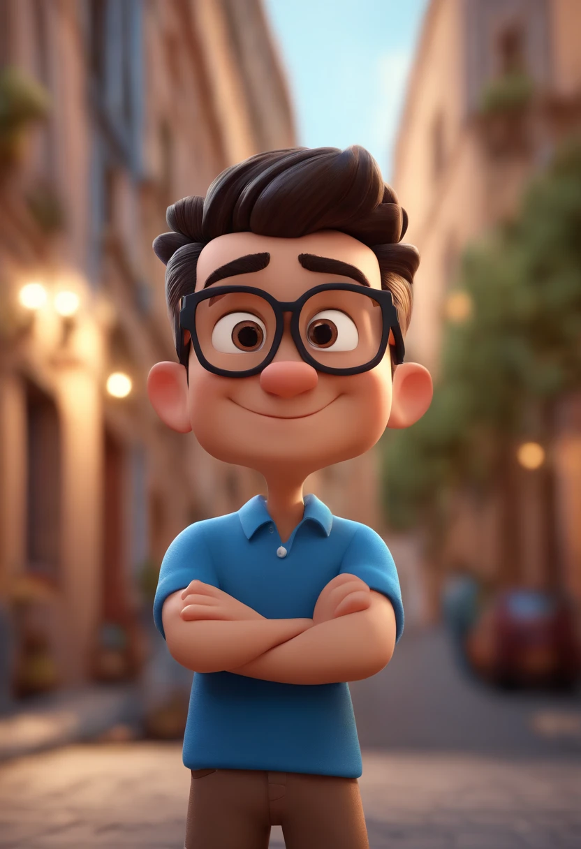 Cartoon character of a man wearing black glasses and a blue shirt, um personagem animado, Caractere estilizado, animation style rendering, 3D estilizado, Arnold Maya render, 3 d render stylized, toon render keyshot, Personagem 3D, Personagem 3D, 3d rendering stylized, 3 d character render, personagem de desenho animado, Personagem de close up, Pose de personagem, (Estilo Pixar) (master part:1.2) (Bokeh) (best quality) (pele detalhada) (textura detalhada) (8k) (argila) (Cinematic lighting) (foco nítido，Senta e vaza a parte superior do corpo