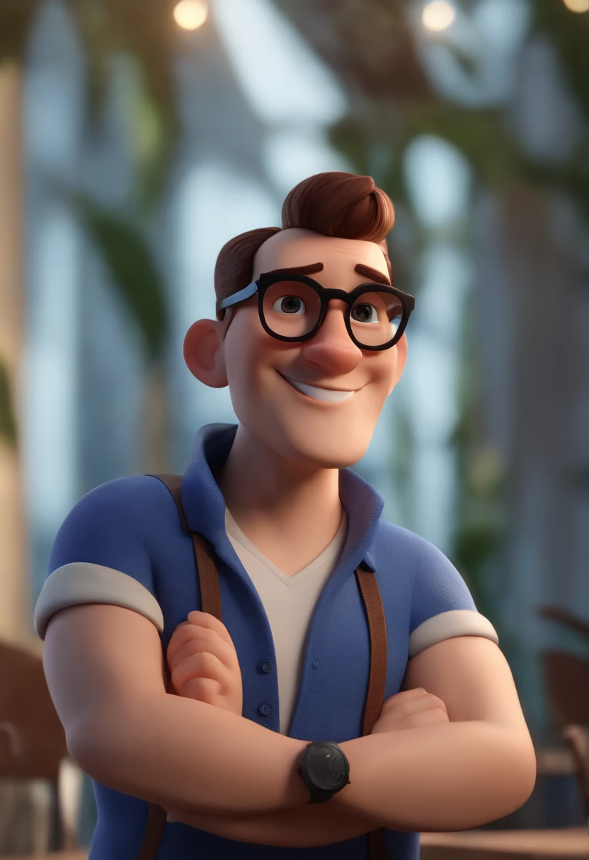 Cartoon character of a man wearing black glasses and a blue shirt, um personagem animado, Caractere estilizado, animation style rendering, 3D estilizado, Arnold Maya render, 3 d render stylized, toon render keyshot, Personagem 3D, Personagem 3D, 3d rendering stylized, 3 d character render, personagem de desenho animado, Personagem de close up, Pose de personagem, (Estilo Pixar) (master part:1.2) (Bokeh) (best quality) (pele detalhada) (textura detalhada) (8k) (argila) (Cinematic lighting) (foco nítido，Senta e vaza a parte superior do corpo