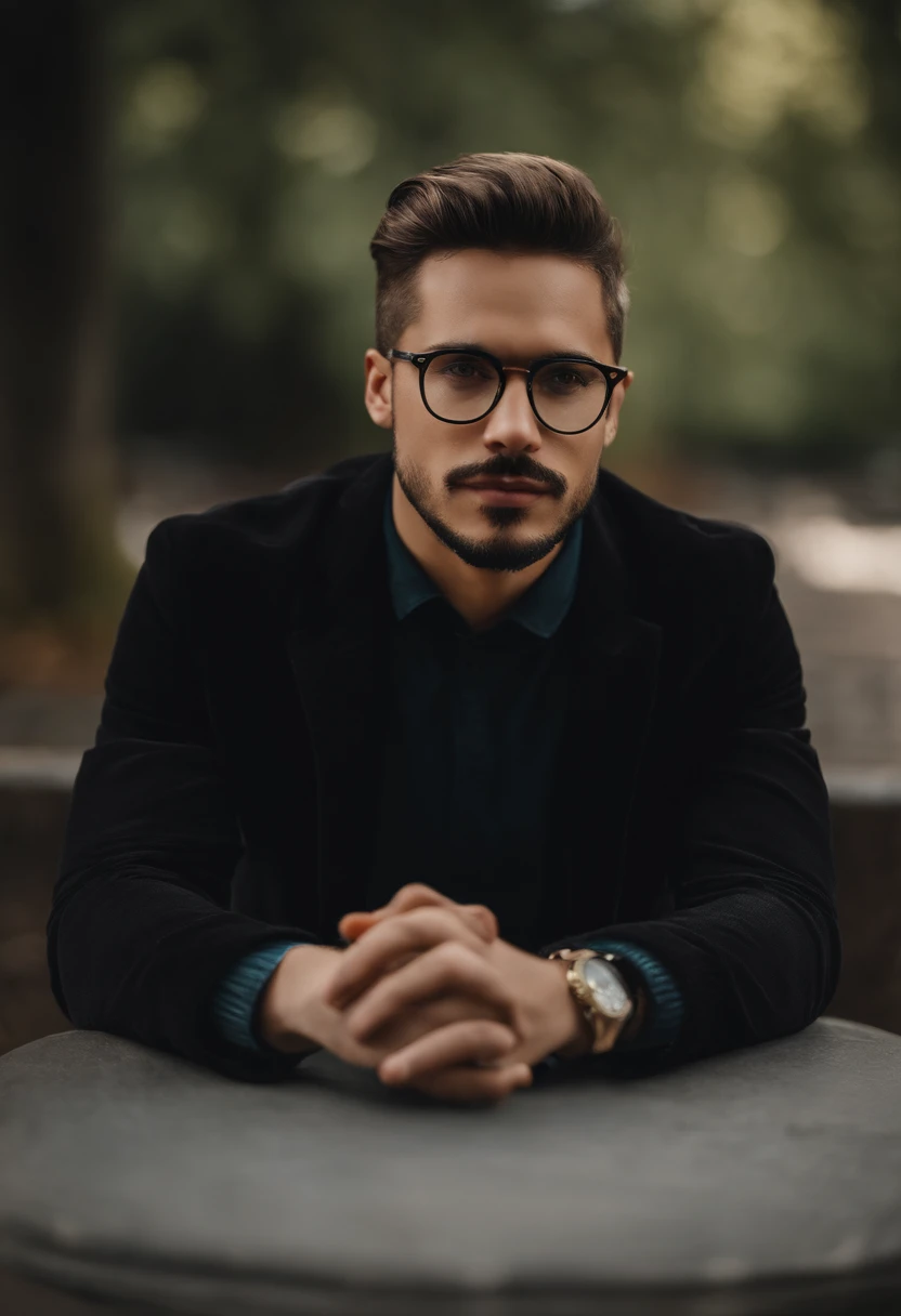 There's a man with glasses and a black jacket posing for a photo, em torno de 1 9 anos, Foto de perfil, 2 7 anos, taken in the early 2020s, 2 8 anos, 2 3 anos, with nerdy glasses and goatee, 2 9 anos, With eye Glasses