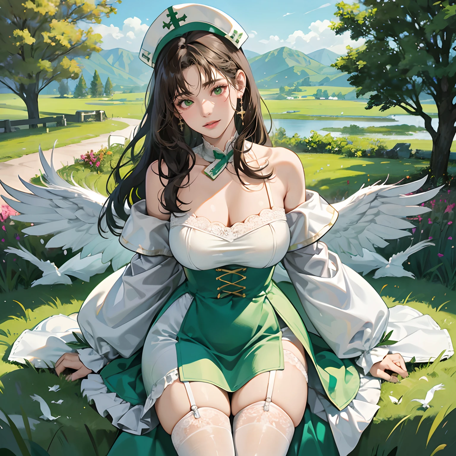 Women in Their 20s, Fantasia、offcial art, unity 8k wall paper, ultra-detailliert, beautifly、Aesthetic, masterpiece, top-quality, Photorealsitic、White Wizard、healer、Healing Magic、Recovery Magic、Enveloped in green light、Saint a girl、White clothes with cross design、crosses、White underwear、Thighs seen through the slit、dark brown short hair、the vast grassland、Green Tree々、majestic view、You can see the castle at the top of the mountain、depth of fields, Fantastic atmosphere, Calm palette, tranquil mood, Soft shading、very large breast、plump figure、Flock of small white birds、Healer's wand:2.0、Staff with green orbs、Costumes with long hems、Deep slit、Huge breasts、Hats with cross design、White cap、thick thight、White lace stockings、White garter belt、