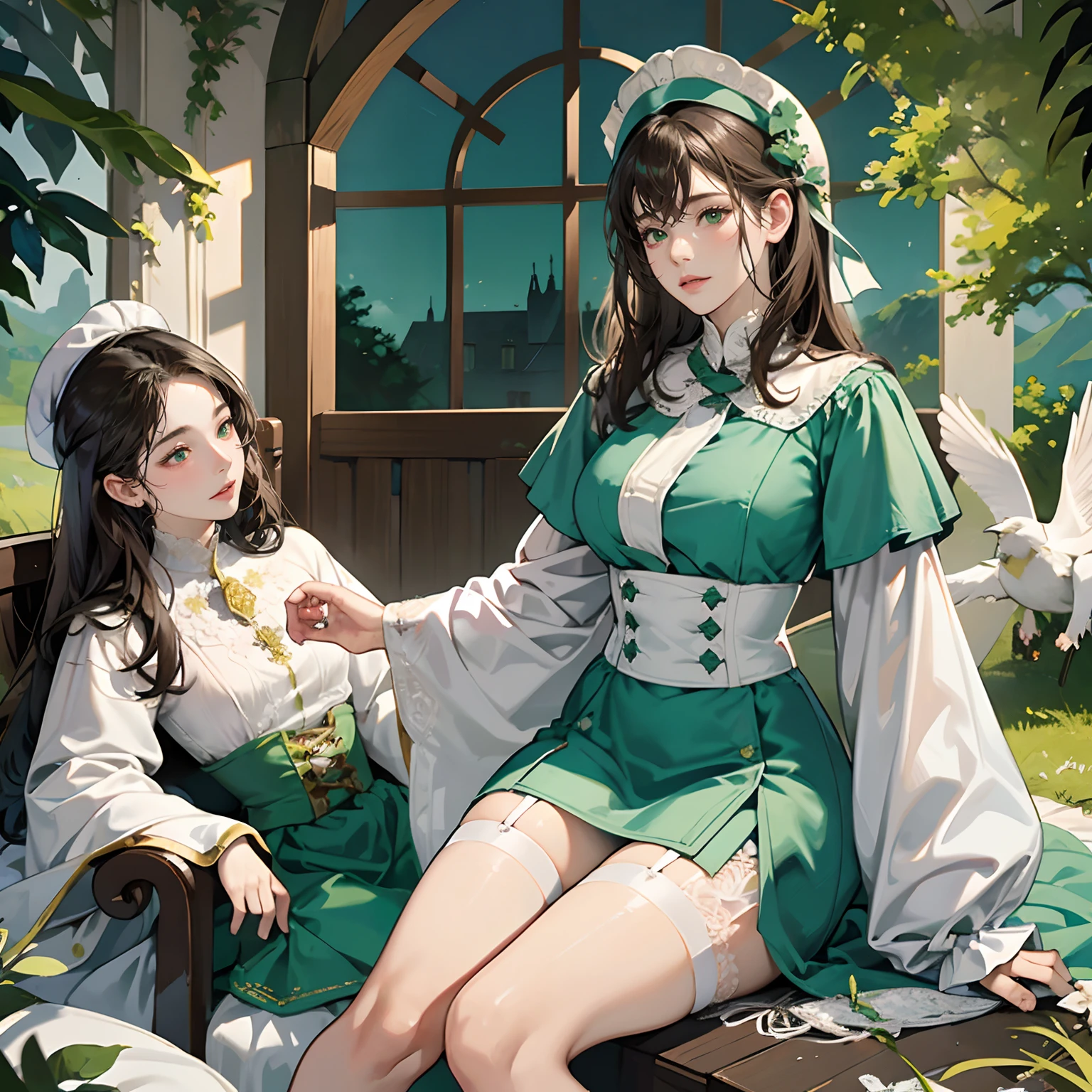 Women in Their 20s, Fantasia、offcial art, unity 8k wall paper, ultra-detailliert, beautifly、Aesthetic, masterpiece, top-quality, Photorealsitic、White Wizard、healer、Healing Magic、Recovery Magic、Enveloped in green light、Saint a girl、White clothes with cross design、crosses、White underwear、Thighs seen through the slit、dark brown short hair、the vast grassland、Green Tree々、majestic view、You can see the castle at the top of the mountain、depth of fields, Fantastic atmosphere, Calm palette, tranquil mood, Soft shading、very large breast、plump figure、Flock of small white birds、Healer's wand:2.0、Staff with green orbs、Costumes with long hems、Deep slit、Huge breasts、Hats with cross design、White cap、thick thight、White lace stockings、White garter belt、