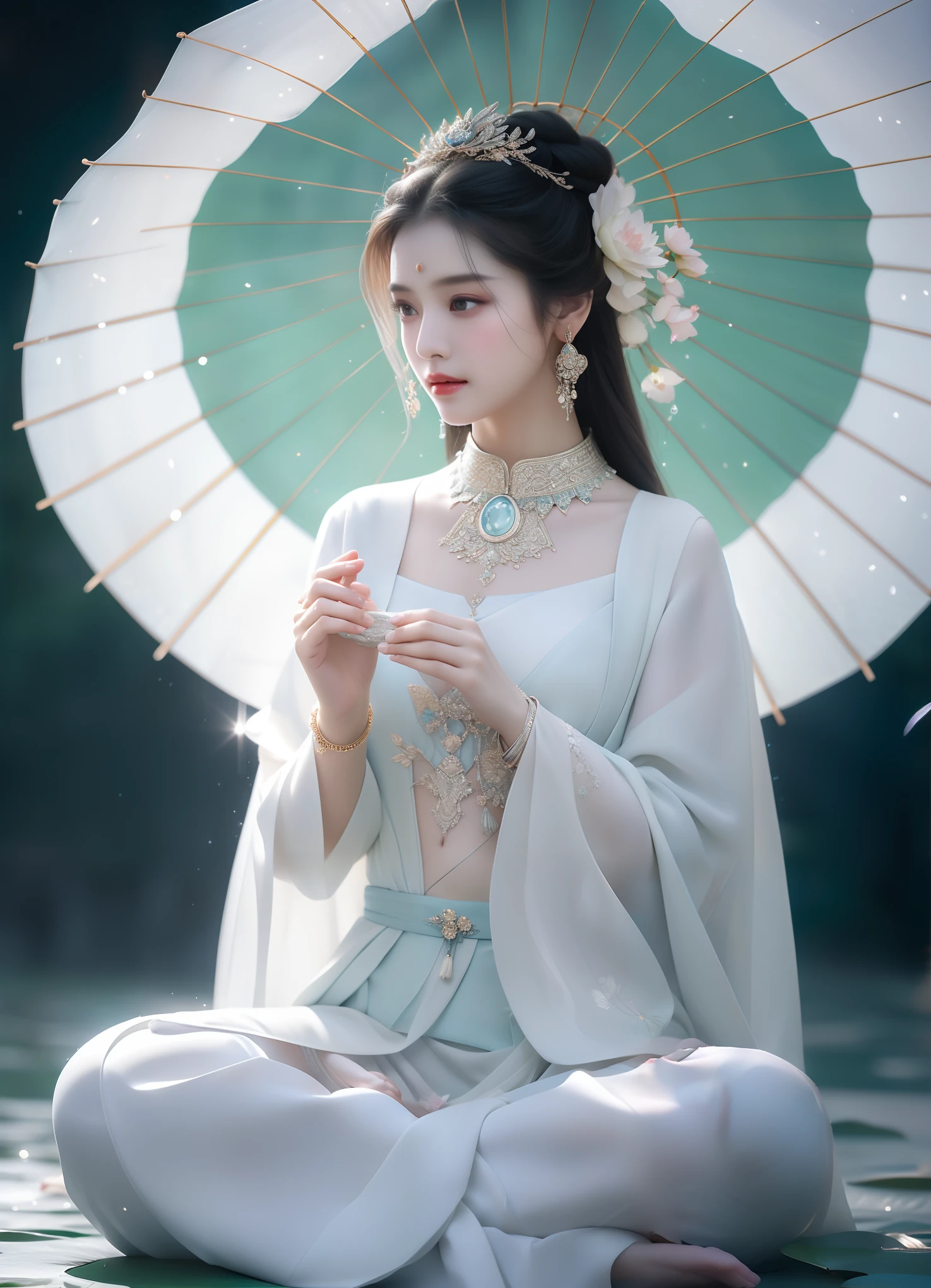 There is a beautiful goddess in the void meditating cross-legged on a large lotus flower，Perfect body posture，A meditative，Long curved eyebrows，Beautiful eyes sparkle，The large, Jewel-like eyes sparkle，Clear pupils have reflected light，二重まぶた，（（Plump and rosy lips）） Clearly visible，（（Flushed cheeks）），The mandible is plump，Fair skin is delicate and smooth，Delicate skin translucent，A delicate and dexterous crown，inlaid gemstones，Exquisite and ingenious，inlaid gemstones，Sitting on a light red lotus in the air，look straight at the camera，（（Pinch the stem of the lotus flower with one hand）），(((nice hand)))，（（（（Good feet））），（（（good legs））），realisticlying，white skinned，（（Correct body structure）），White clothing，decorated in white，Meditate on the lotus pose，baiyun，Blue sky，Head background with round light，Behind him is a colorful rainbow circle，Color glow is turned on，Front lighting，Positive light，No shadows on the face，There are no shadows on the body，Blue sky，Unreal space，ethereal world，dreamworld，with blue sky and white clouds，tmasterpiece，4K，ultra-definition，professional photoshooting，Perspective looks up，Standard lens shooting，