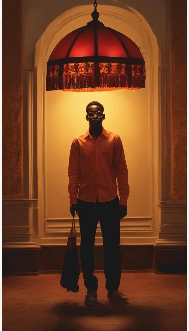 A young black man with wise glasses in front, illuminated by the light of a lamp, contra o pano de fundo orixas