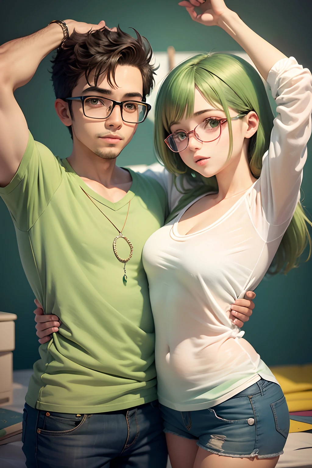 Casal bonito, estilo dos desenhos animados, imagination, menino com camisa verde, girl with glasses, celebrating birthday, arousal, Romantic