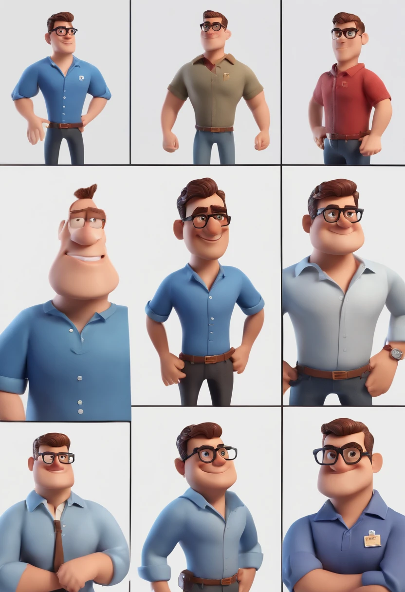 Cartoon character of a man with black glasses and a blue shirt, animation character, Caractere estilizado, animation style rendering, 3D estilizado, Arnold Maya render, 3 d render stylized, toon render keyshot, Personagem 3D, Personagem 3D, 3d rendering stylized, 3 d character render, personagem de desenho animado, Personagem de close up, Pose de personagem,  (Estilo Pixar) (master part:1.2) (Bokeh) (best quality) (pele detalhada) (textura detalhada) (8k) (argila) (Cinematic lighting) (foco nítido