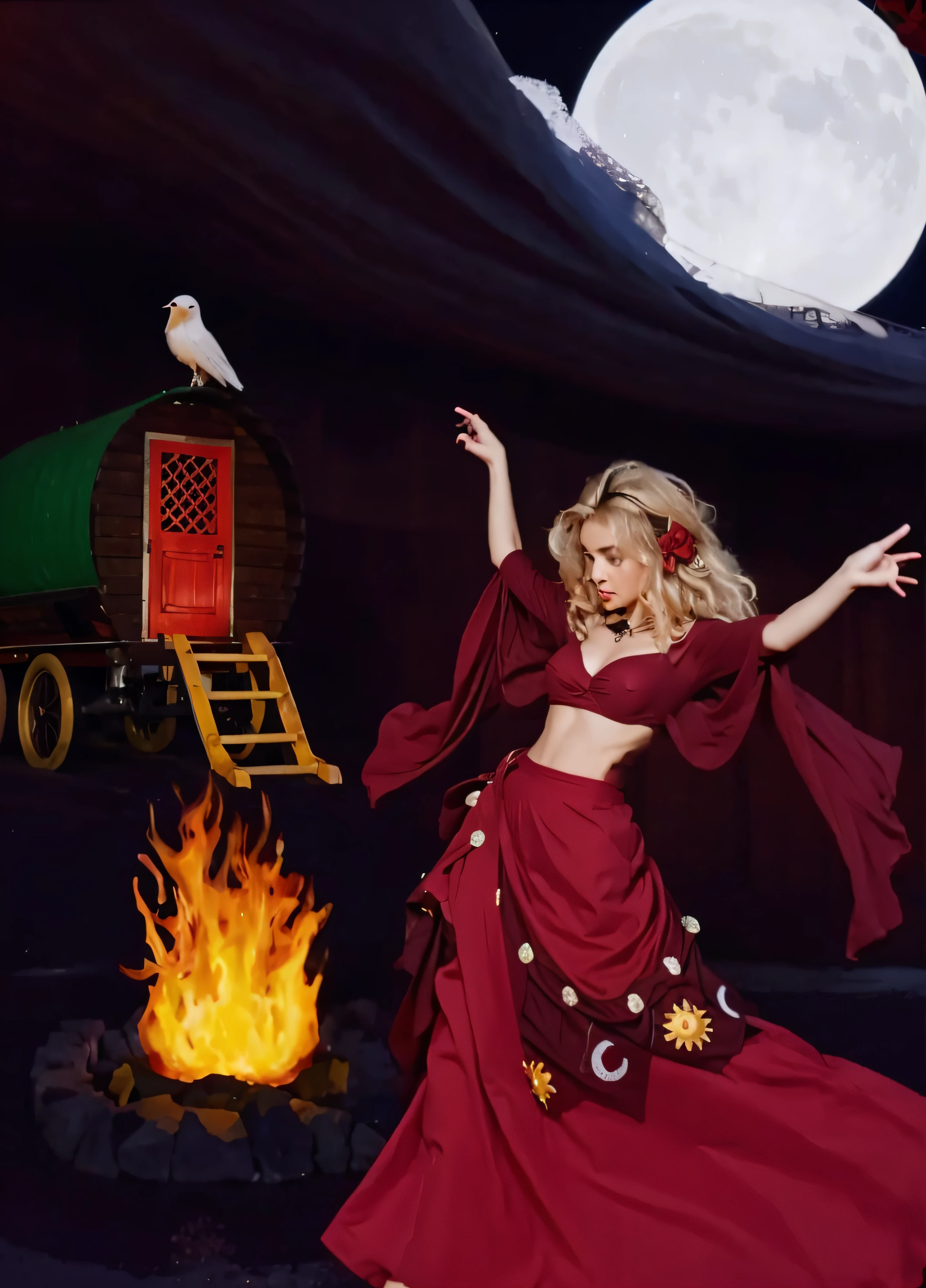 uma mulher loira em uma noite escura com uma carruagem e uma fogueira