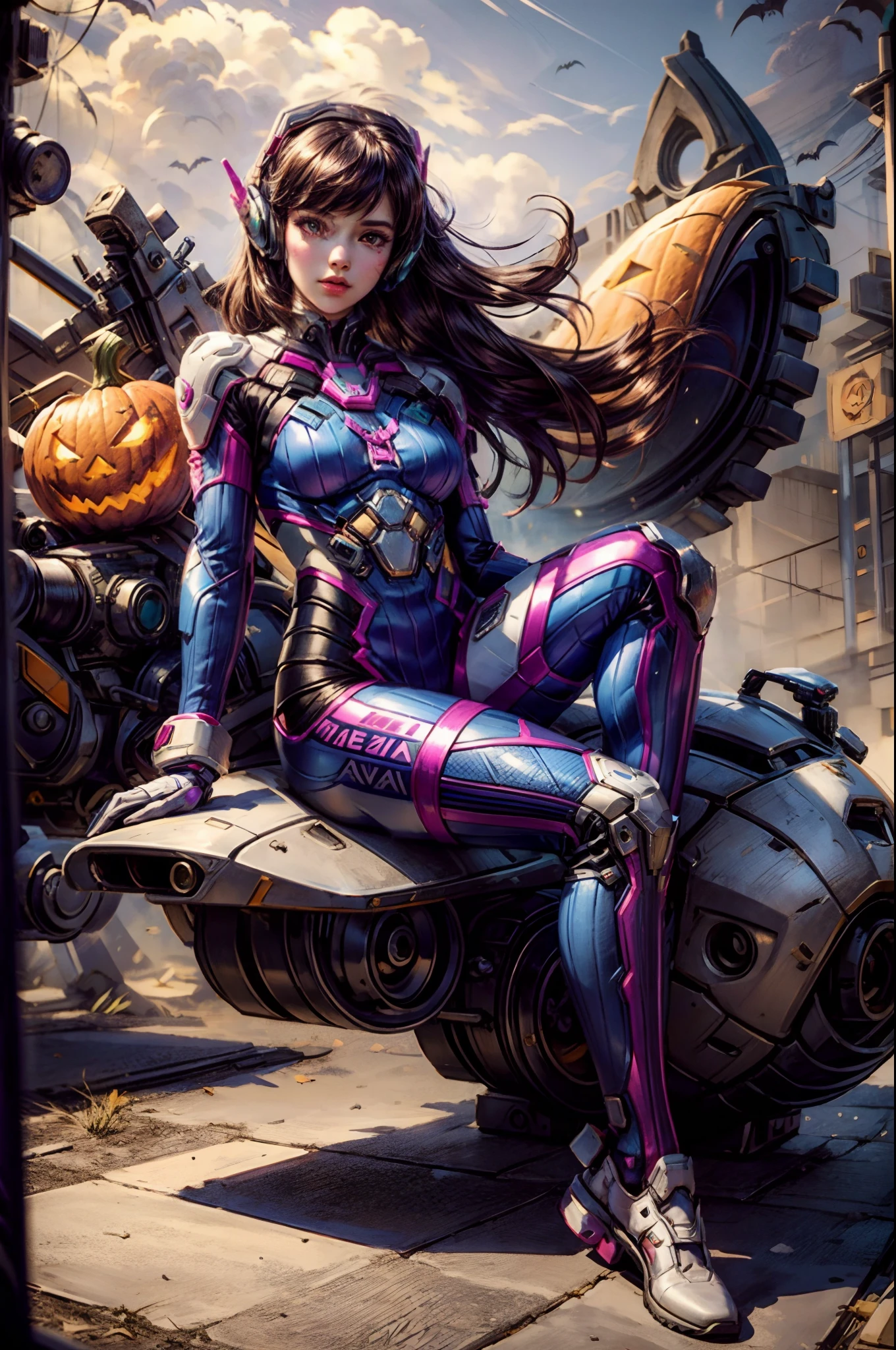 Close shot full body,A girl ,from knee shot,cosplaying Dva from the game Overwatch, with a Halloween background, sitting,full body, pumpkin lantern, highest quality (best quality, masterpiece:1.1) and has a realistic appearance (realistic:1.4). The focus is on the detailed depiction of the girl's face, specifically her beautiful eyes, detailed lips, and long eyelashes. The girl is dressed in a cosplay costume of the character Dva from Overwatch, and the scene is set against a Halloween-themed background. The colors of the portrait are vibrant and vivid. The lighting is well-balanced, highlighting the girl's features and creating a visually appealing atmosphere.