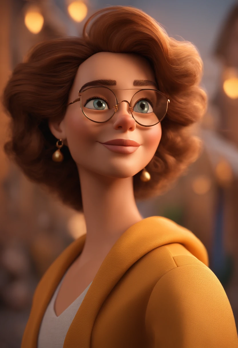 Cartoon character of a woman with golden glasses and a cold white shirt, animation character, Caractere estilizado, animation style rendering, 3D estilizado, Arnold Maya render, 3 d render stylized, toon render keyshot, Personagem 3D, Personagem 3D, 3d rendering stylized, 3 d character render, personagem de desenho animado, Personagem de close up, Pose de personagem,  (Estilo Pixar) (master part:1.2) (Bokeh) (best quality) (pele detalhada) (textura detalhada) (8k) (argila) (Cinematic lighting) (foco nítido