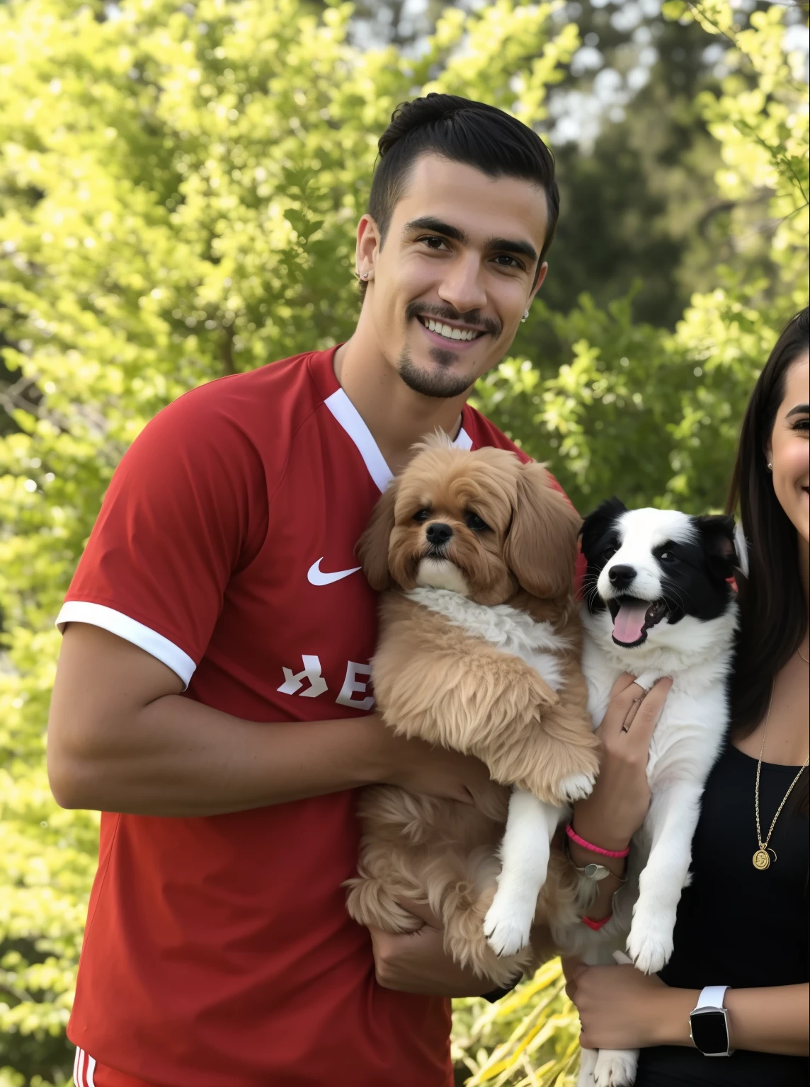 There are two people and a dog posing for a photo, with dogs, Family photo, family portrait, Directed by: Emma Andijewska, by Amelia Peláez, imagem de perfil, Detalhes adicionais, O jogador de futebol Antoine Griezmann, comissionado, alta qualidade de imagem, imagem de alta qualidade, Casal feliz, retrato de casais, Valentina Embaralhamento, Directed by: Nandor Soldier