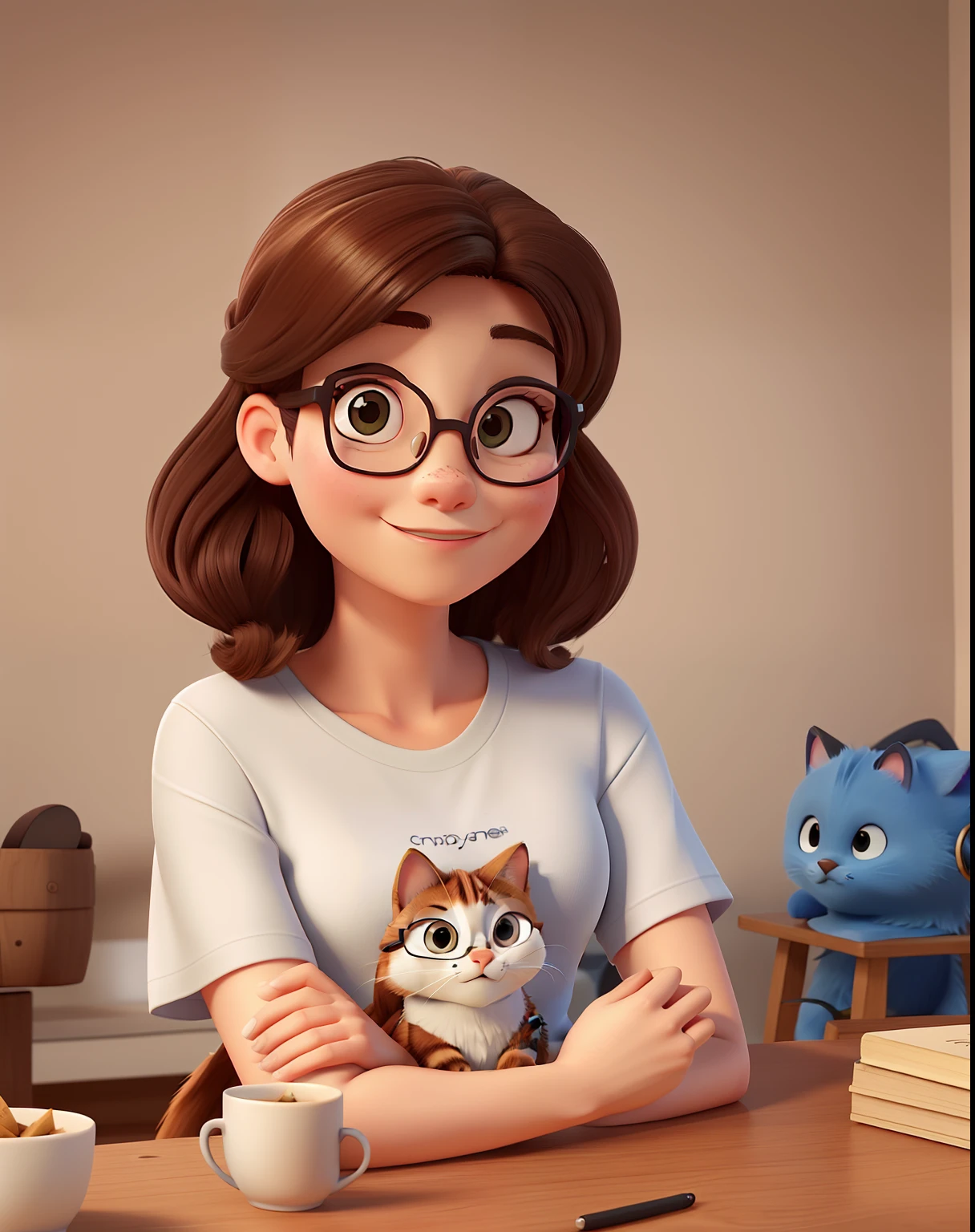 Beautiful woman, 40 anos, cabelo castanho liso, olhos castanhos escuros, glasses, vestindo uma camiseta com um gato desenhado nela