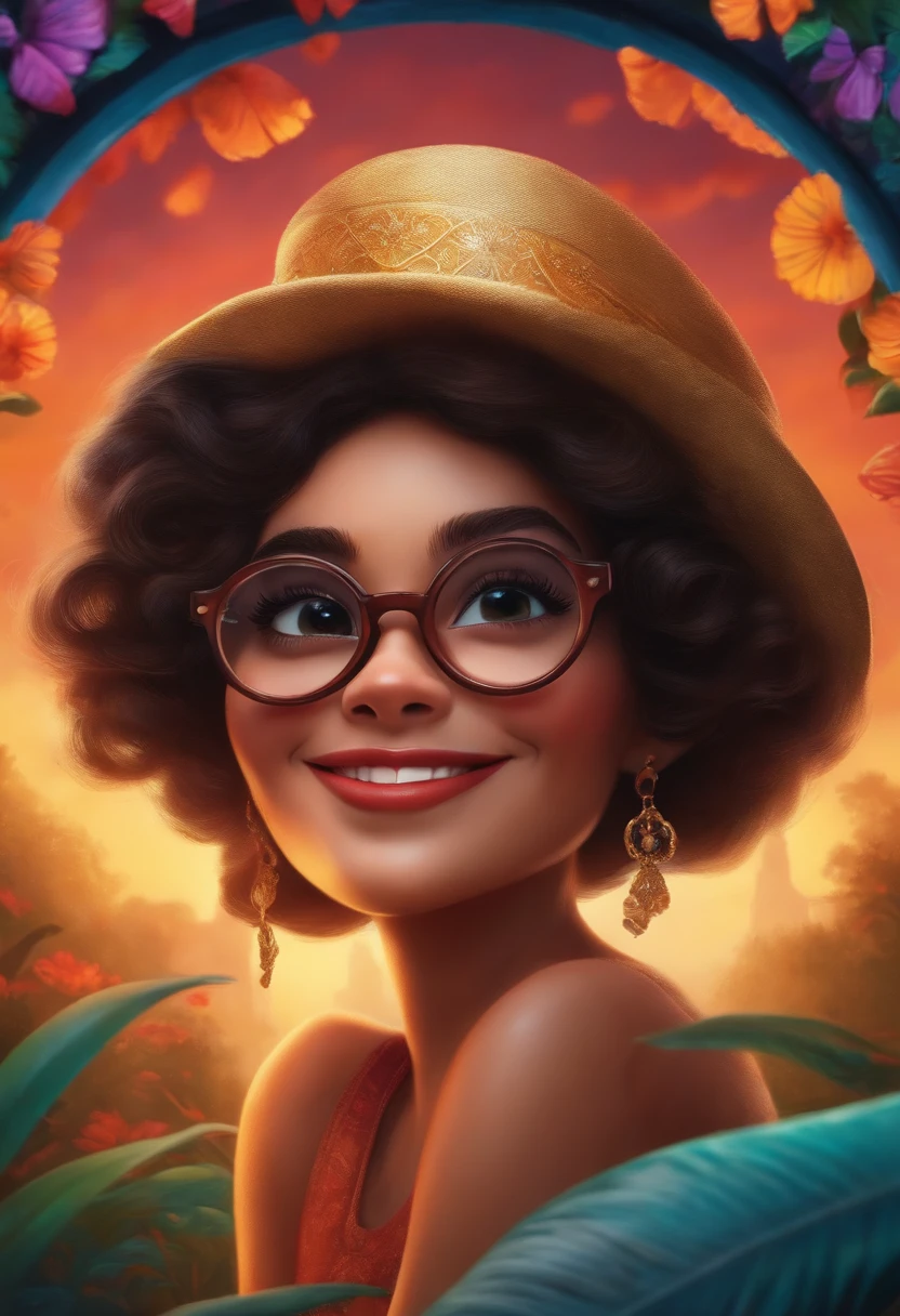 Mirabel from Encanto, Disney, Pixar, short curly hair. Green round glasses, looking sexy, revealing clothes, perky breasts, cleavage