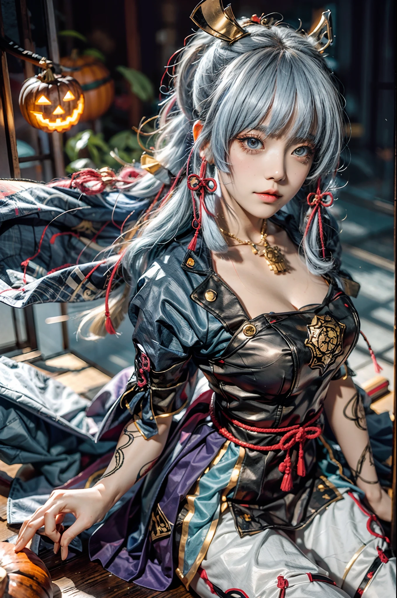 A girl,cosplaying Ayaka from the game Genshin impact, with a Halloween background, sitting,full body, pumpkin lantern, highest quality (best quality, masterpiece:1.1) and has a realistic appearance (realistic:1.4),pale white-blue hair,The focus is on the detailed depiction of the girl's face, specifically her beautiful eyes, detailed lips, and long eyelashes. The girl is dressed in a cosplay costume of the character Ayaka from Genshin impact, and the scene is set against a Halloween-themed background. The colors of the portrait are vibrant and vivid. The lighting is well-balanced, highlighting the girl's features and creating a visually appealing atmosphere.