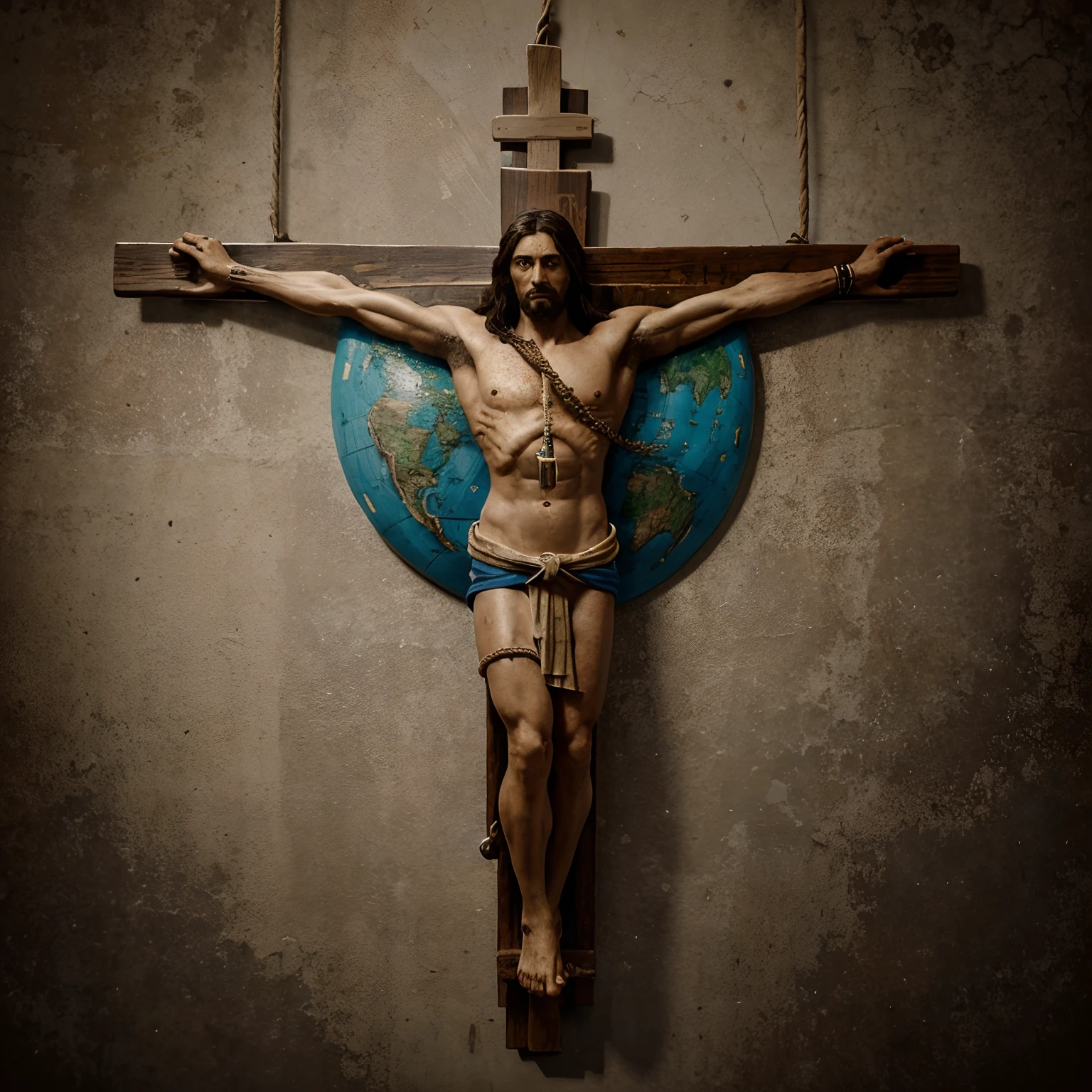 imagem religiosa, Jesus Christ crucified full body with planet earth hanging around his neck through a rope, imagem pintura realista, desenho