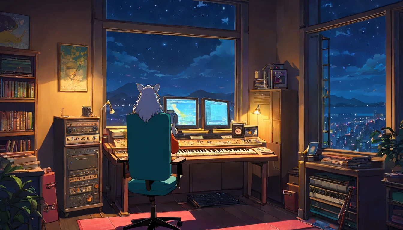 Music studio room,Dark room, Night, Computer, keyboard, Earphone, Monitor the speaker, Small lights, Sit, No Man, No animals, Background, sofe,, rain, Night sky, Night City, absurderes, A high resolution, ultrasharp, 8K, Masterpiece