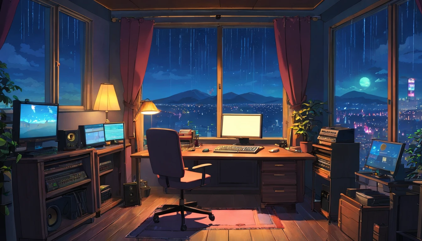 Music studio room,Dark room, Night, Computer, keyboard, Earphone, Monitor the speaker, Small lights, Sit, No Man, No animals, Background, sofe,, rain, Night sky, Night City, absurderes, A high resolution, ultrasharp, 8K, Masterpiece
