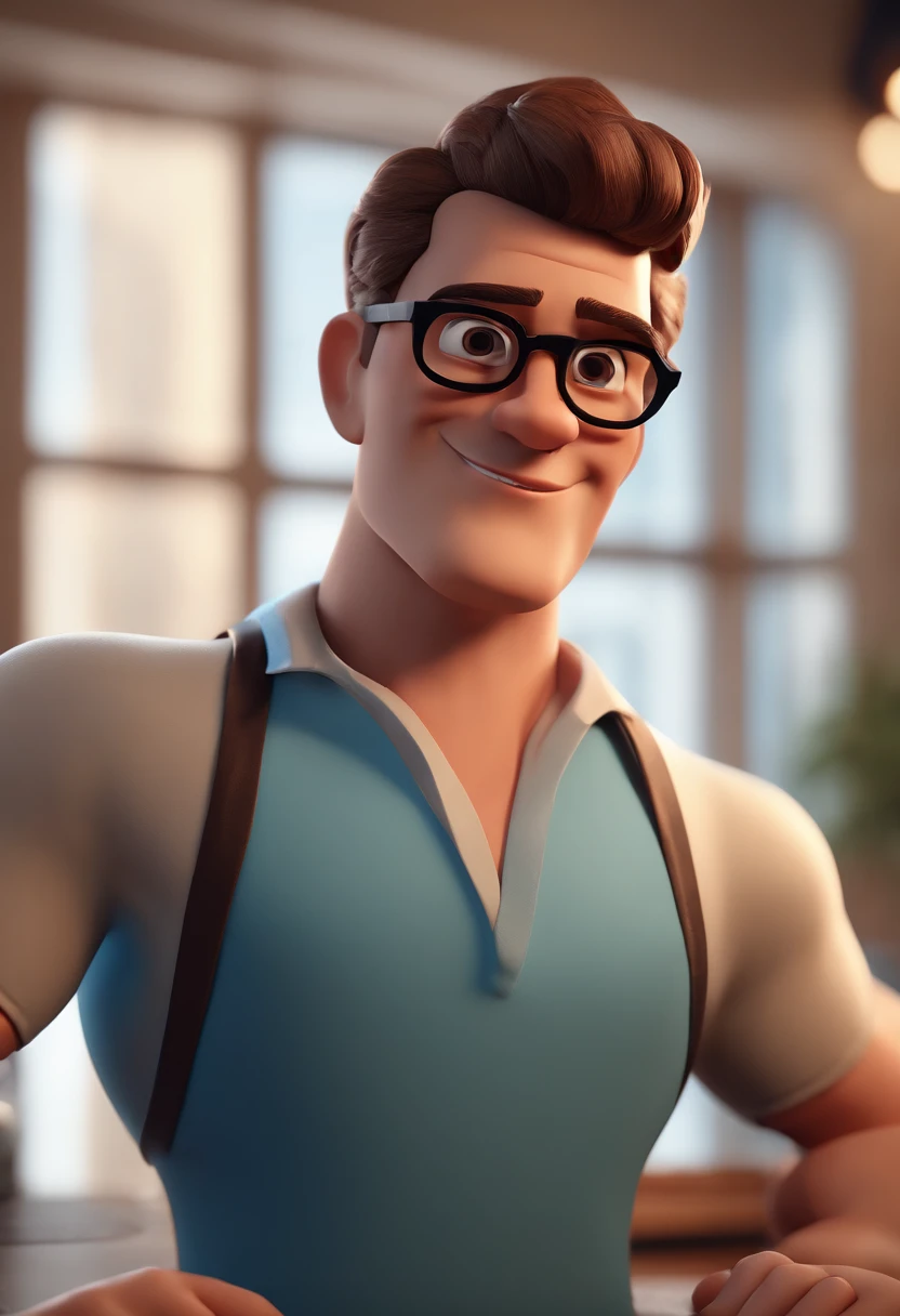 Cartoon character of a man with black glasses and a blue shirt, animation character, Caractere estilizado, animation style rendering, 3D estilizado, Arnold Maya render, 3 d render stylized, toon render keyshot, Personagem 3D, Personagem 3D, 3d rendering stylized, 3 d character render, personagem de desenho animado, Personagem de close up, Pose de personagem, (Estilo Pixar) (master part:1.2) (Bokeh) (best quality) (pele detalhada) (textura detalhada) (8k) (argila) (Cinematic lighting) (foco nítido