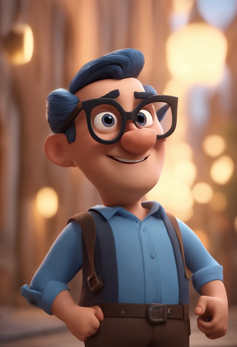 Cartoon character of a man with black glasses and a blue shirt, animation character, Caractere estilizado, animation style rendering, 3D estilizado, Arnold Maya render, 3 d render stylized, toon render keyshot, Personagem 3D, Personagem 3D, 3d rendering stylized, 3 d character render, personagem de desenho animado, Personagem de close up, Pose de personagem,  (Estilo Pixar) (master part:1.2) (Bokeh) (best quality) (pele detalhada) (textura detalhada) (8k) (argila) (Cinematic lighting) (foco nítido
