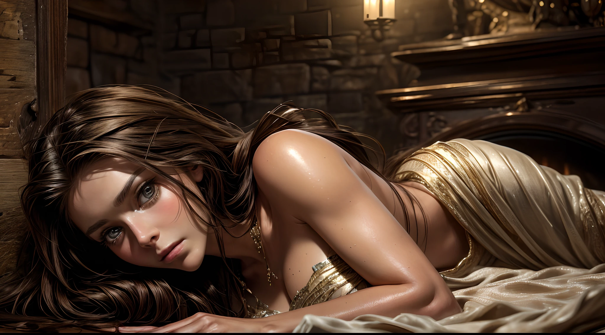 8K,Best quality, masterpiece, ultra high res, (photorealistic:1.4), raw photo, (Authentic skin texture:1.3), (film grain:1.3),1girl, messy long hair, brown hair, beautiful detailed eyes and face,masterpiece, best quality, gina holden, taylor cole, elegant dress, silk dress, fantasy, wizard, indoor, crypt, ((portrait)), (perfect face)