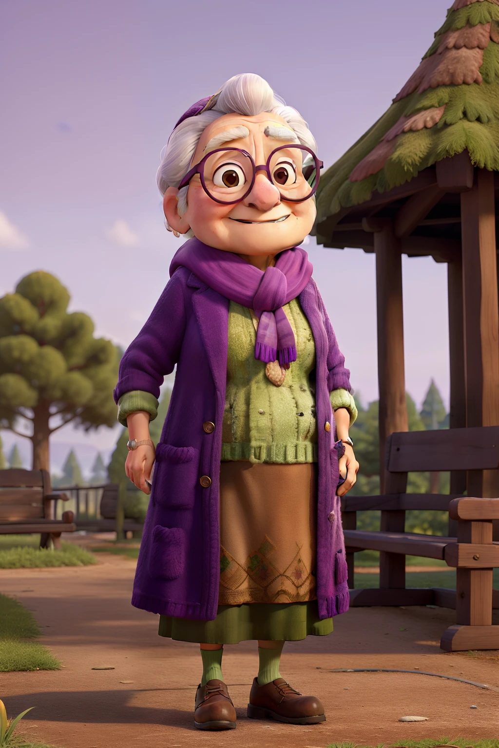 masterpiece, best quality, an old woman with glasses and a scarf on, wearing a purple coat and green scarf, standing at the park