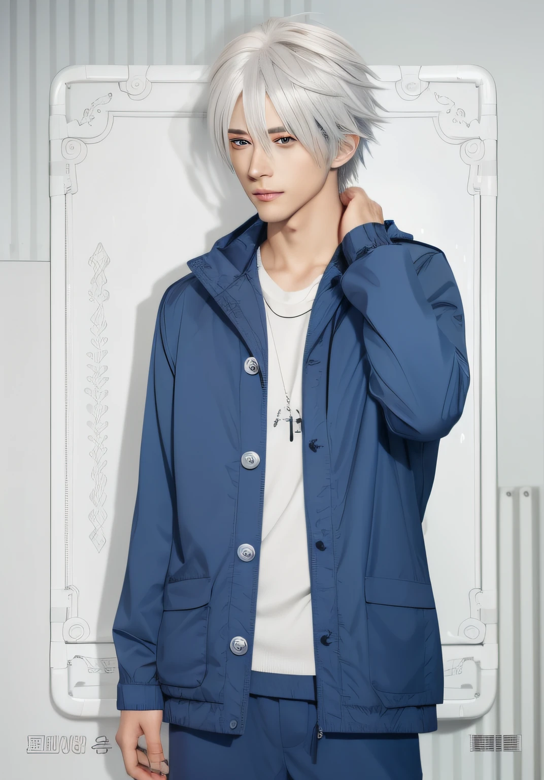 a close up of a person wearing a jacket and pants, kaworu nagisa, a silver haired mad, tall anime guy with blue eyes, as an anime character, key anime art, white haired deity, white haired, handsome anime pose, white-haired, male anime character, young anime man, realistic, ultra details