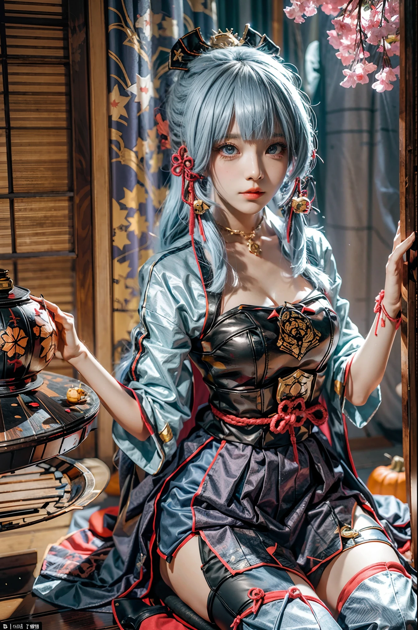 A girl,cosplaying Ayaka from the game Genshin impact, with a Halloween background, sitting,full body, pumpkin lantern, highest quality (best quality, masterpiece:1.1) and has a realistic appearance (realistic:1.4),pale white-blue hair,The focus is on the detailed depiction of the girl's face, specifically her beautiful eyes, detailed lips, and long eyelashes. The girl is dressed in a cosplay costume of the character Ayaka from Genshin impact, and the scene is set against a Halloween-themed background. The colors of the portrait are vibrant and vivid. The lighting is well-balanced, highlighting the girl's features and creating a visually appealing atmosphere.