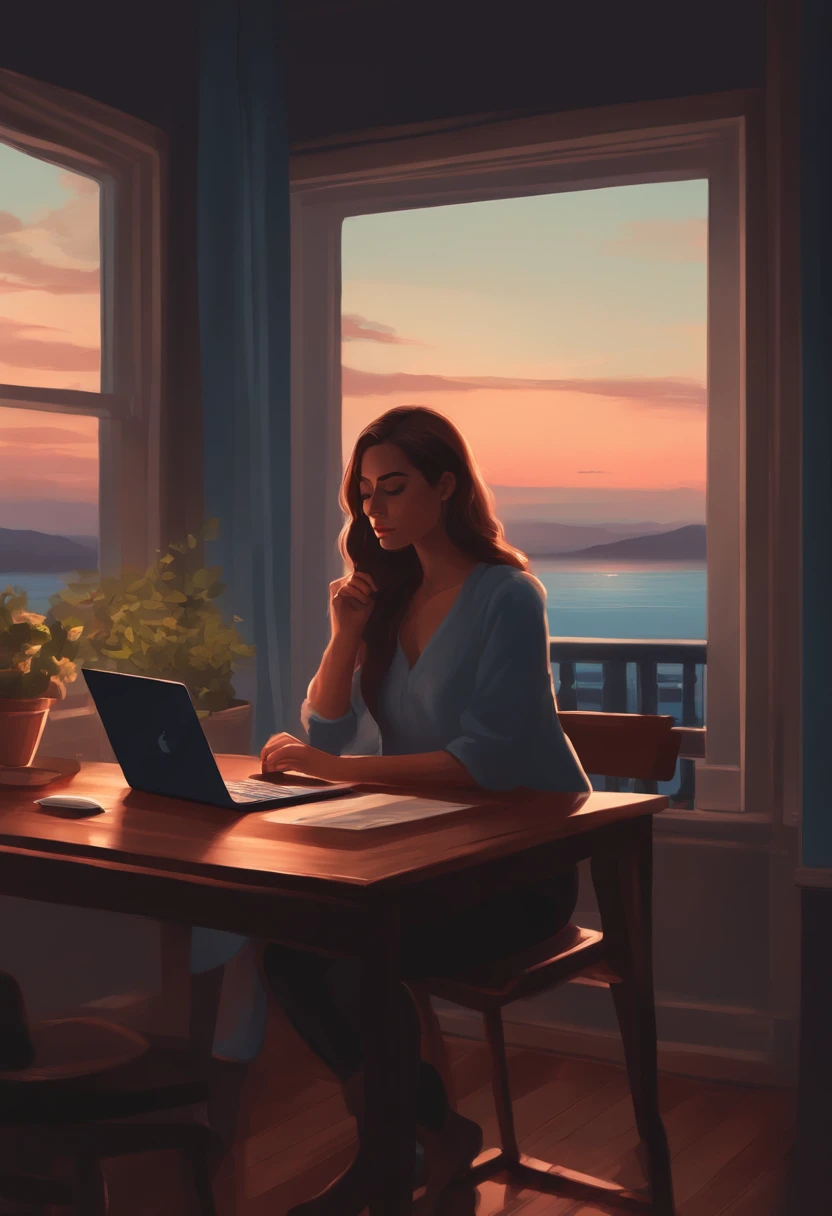 Woman sitting at table in front of window with laptop, a digital painting of an, inspired by Alena Aenami, pixiv, Realism, calm night. digital illustration art, Blurry and dreamy illustration, Blurry and dreamy illustration, an artistic. Alyona Aenami, Illustration of keyframes, dreamy illustration, lo-fi illustration style, Alena Aenami's style