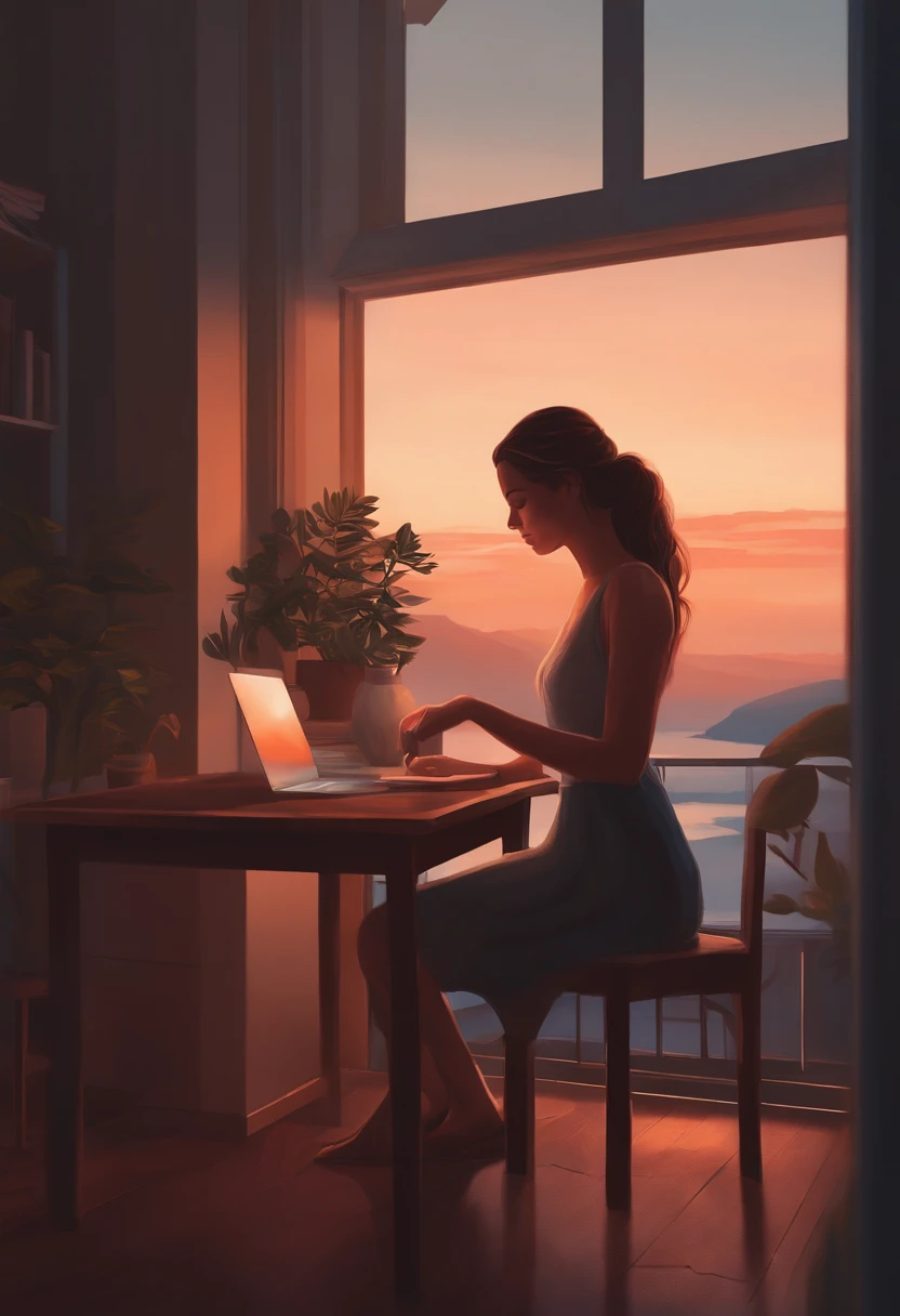 Woman sitting at table in front of window with laptop, a digital painting of an, inspired by Alena Aenami, pixiv, Realism, calm night. digital illustration art, Blurry and dreamy illustration, Blurry and dreamy illustration, an artistic. Alyona Aenami, Illustration of keyframes, dreamy illustration, lo-fi illustration style, Alena Aenami's style