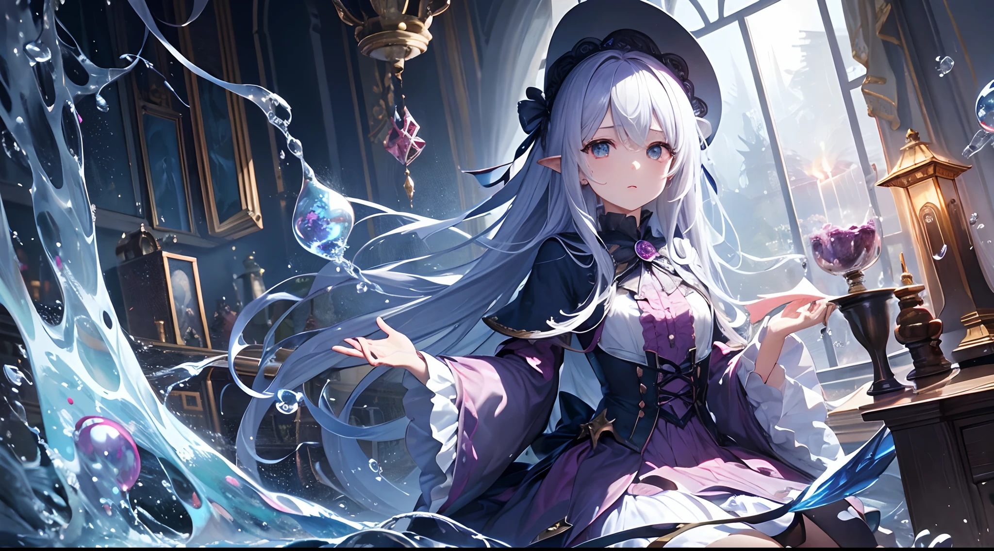Top image quality、Fine sentences、full body Esbian、animesque、illustratio、ultra-definition、A detailed eye、Detail Facial、Fantasia、teens girl、Wear wizard's clothes、long hair in one knot、length hair、scientist、Drinking tea、Lots of bubbles、under the water、abyssal、AngelT、pile of books、fantastical light、magia、Sorcerer、Wear coral and pearls、dark ambiance、candelabra、Pedras preciosas、precious metal、Cluttered room、Realistic bubbles、Realistic water droplets、Under the sea、