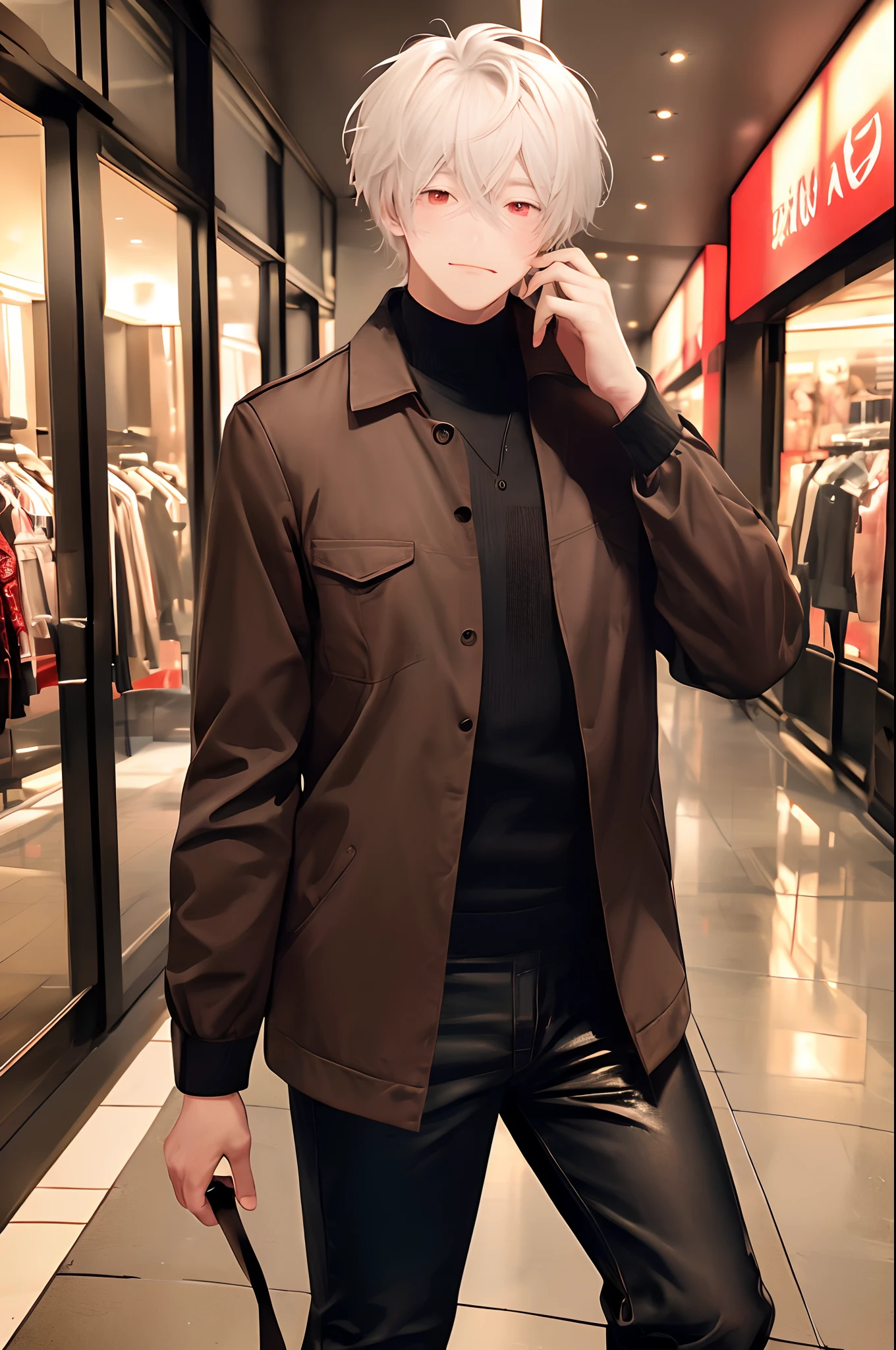 (4K works))、masterpiece、(top-quality)、((In front of the department store))、Korean Male、Adult male、((Adult 50 years old))、((Adult uncle type))、((Leather Jeans Style))、((Face similar to Hyunjin))、Cool Men、tall、((Gentle face))、((Cool werewolf fashion in black))、((Long sleeve long trouser style))、((Smaller face))、Slim body、((Uncle))、((white hair))、((white short-haired))、((Red Eyes))、((shot from front))、((Shot alone))、((Solo Photography))、Professional Photos、((Reach out to your audience))、((He walks in front of the viewer))、((dad bod))、