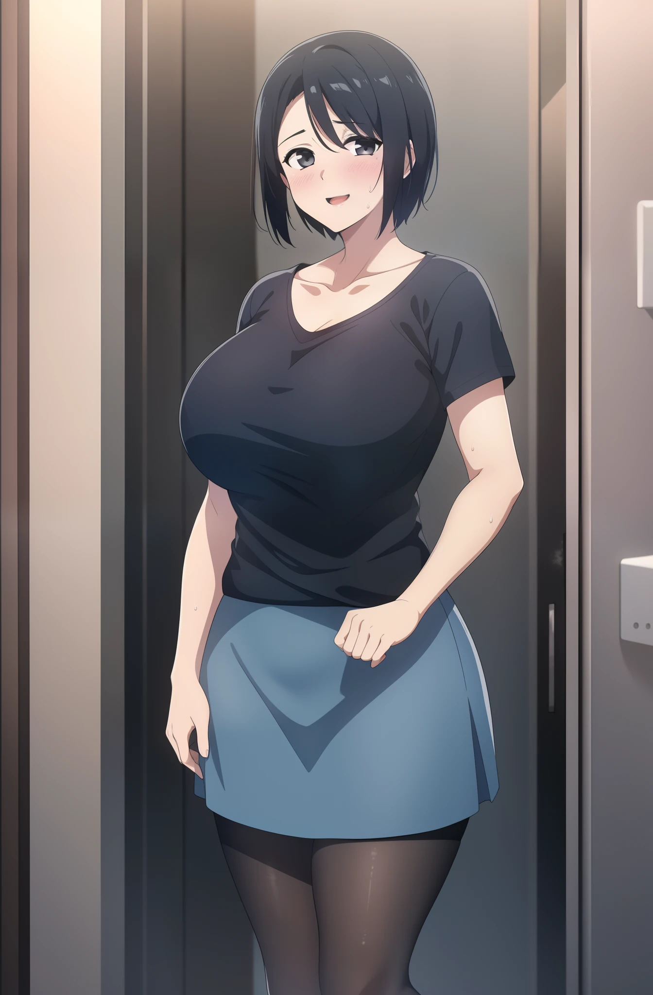 in a bathroom, 1girl, solo, looking at viewer, shameful expression, blush, happy, blushful, short hair, huge breasts, black shirt outside white shirt inside, loose shirt, pantyhose, black hair, collarbone, blue skirt, standing, sweatdrop, detailed black eyes, black shirt, opened mouth, curvy, sexy, official art, extremely detailed CG unity 8k wallpaper, Colorful, (masterpiece:1.0), (best_quality:1.0), ultra high res, 4K, ultra-detailed, photography, 8K, HDR, highres, absurdres:1.2, film grain, blurry background, bokeh:1.2,