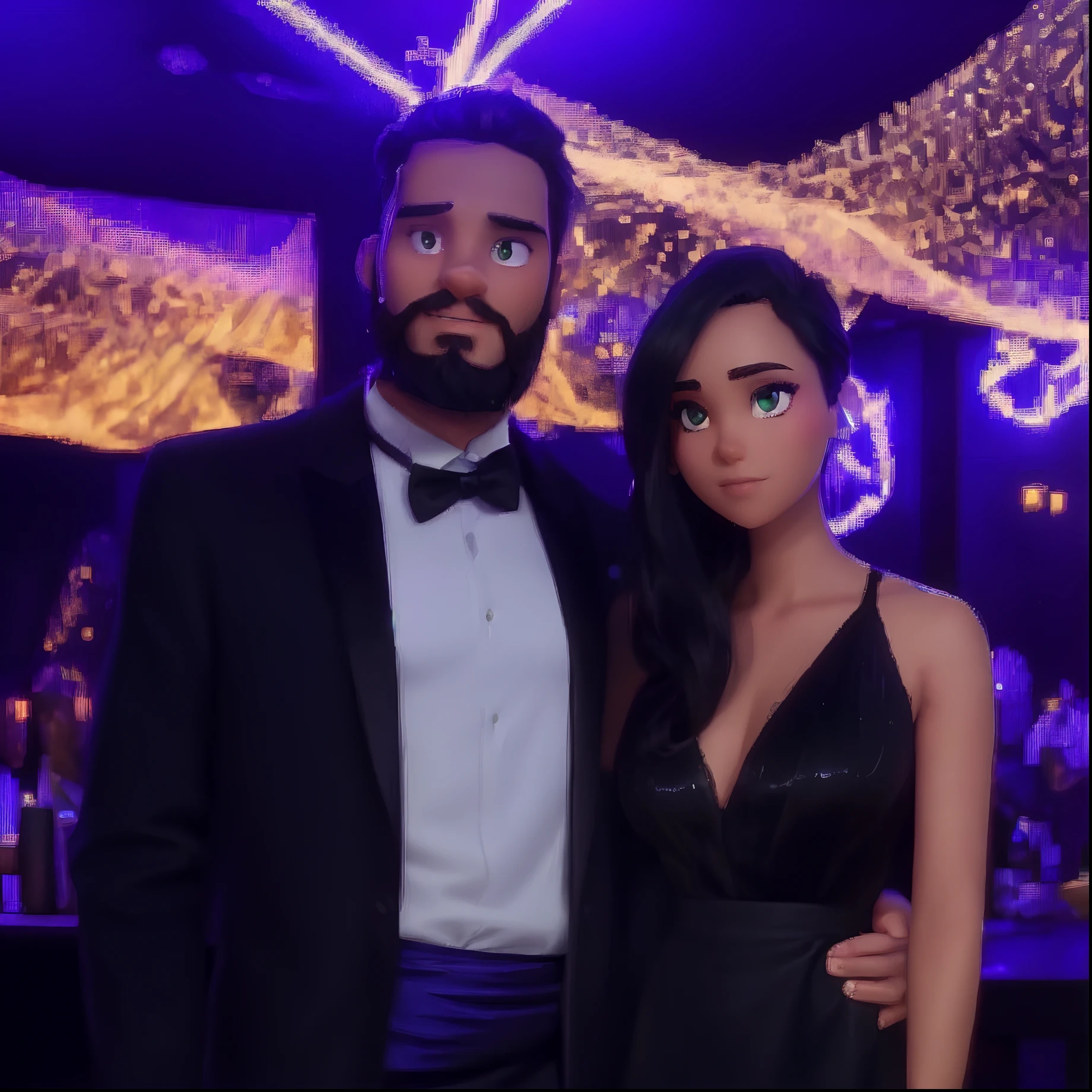 Couple at a party, white man, with green eyes, a clean beard, black hair, with black smoke, thin woman, in a long low-cut dress with glitter, light brown skin, dark blonde hair.