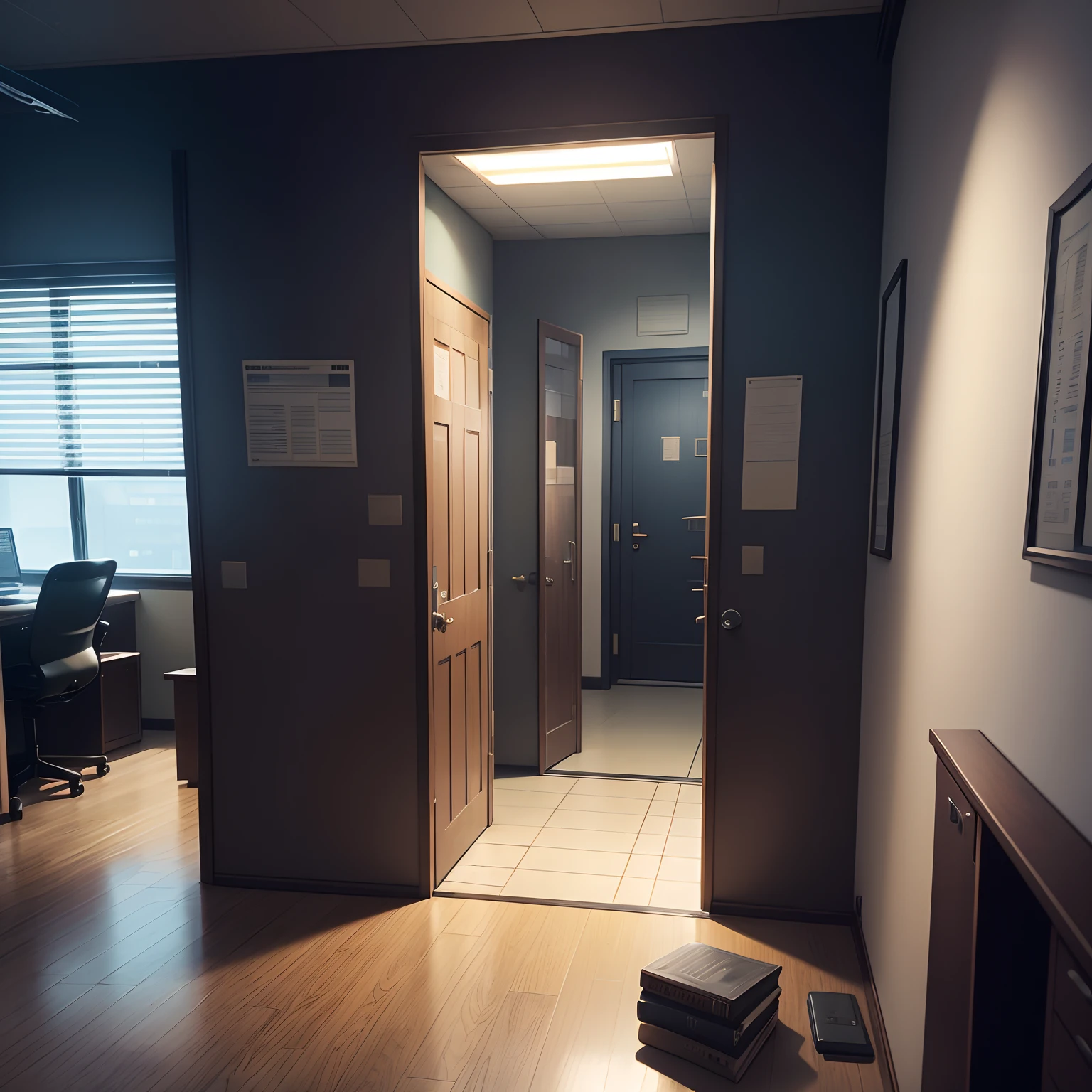 A detective's office, Police Office, office of a police station, scenecy, sem humanos, anime scenery, estilo anime, suspense, mystery, dim lighting,