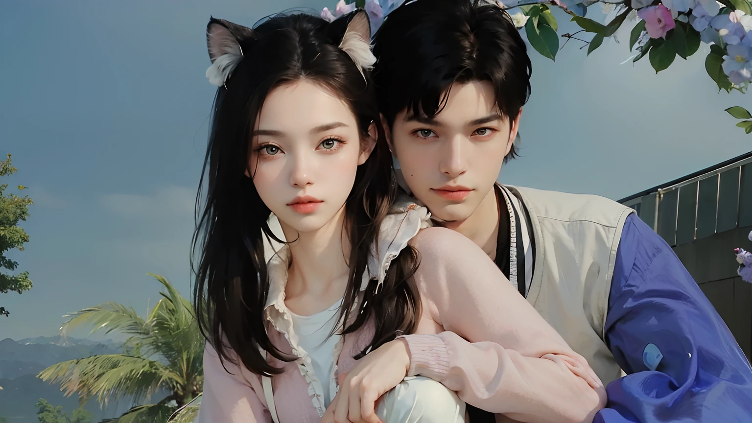(masterpiece:1.4), (best quality:1.4), realistic, a couple, 1guy, handsome, ((male is on the right)) 1girl, ((light brown hair)), cat ears, long hair, upper body, slim body, shiny skin, detailed face,