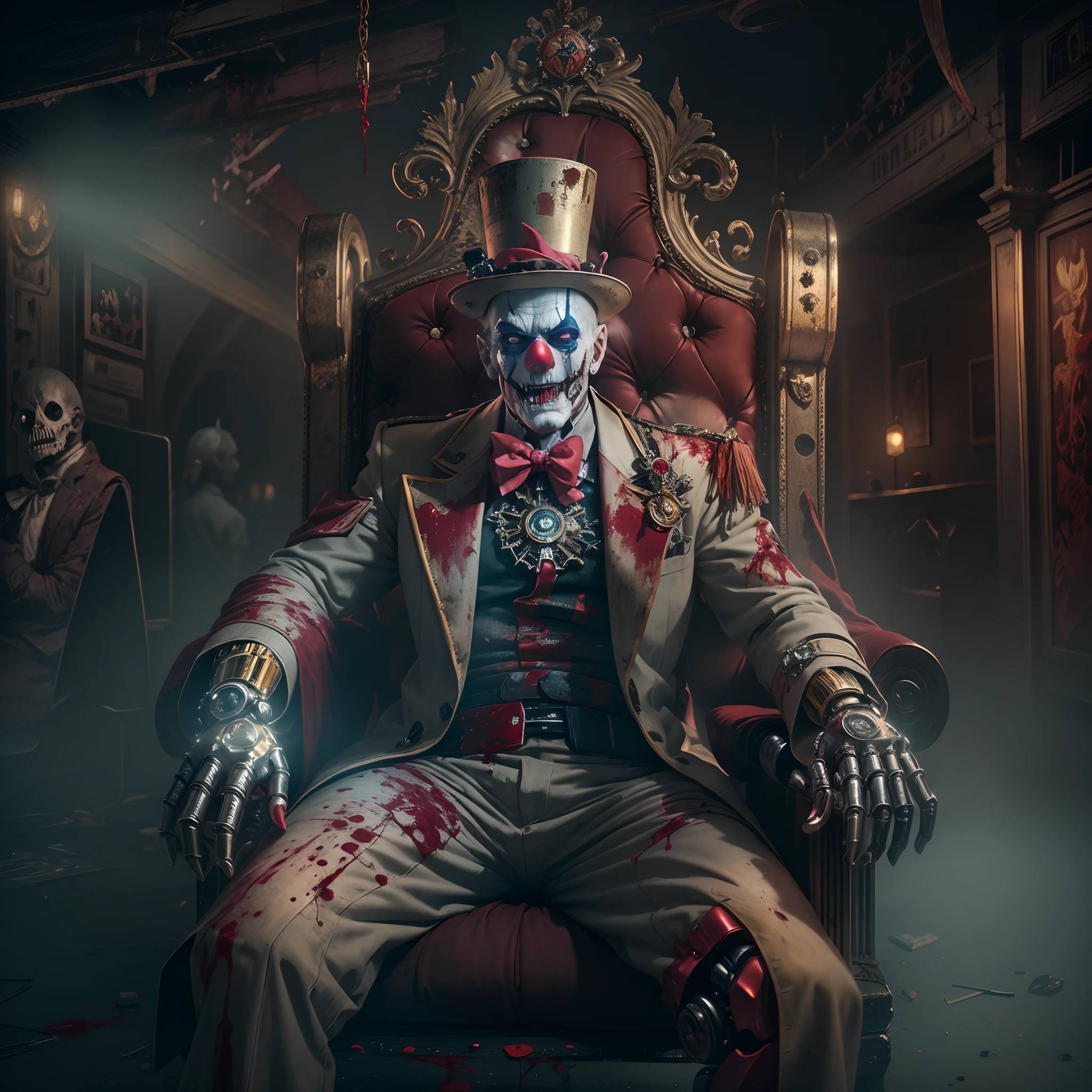The Crazy Cyborg Clown Emperor,sitting on a golden throne,Wear a clown hat, (Metal mechanical limbs),Circus props,Laughing, Deep blonde hair.((Blood fog)),Spooky atmosphere,(Abandoned amusement park). Surrealist style, vivd colour,Sharp contrast, ominous lighting, high-density imaging review, Ultra-high definition, Studio lighting,physically-based renderingt, professional (scary style).(Best quality,4K,8K,A high resolution,Masterpiece:1.2),(Realistic,Photorealistic,photo-realistic:1.37).