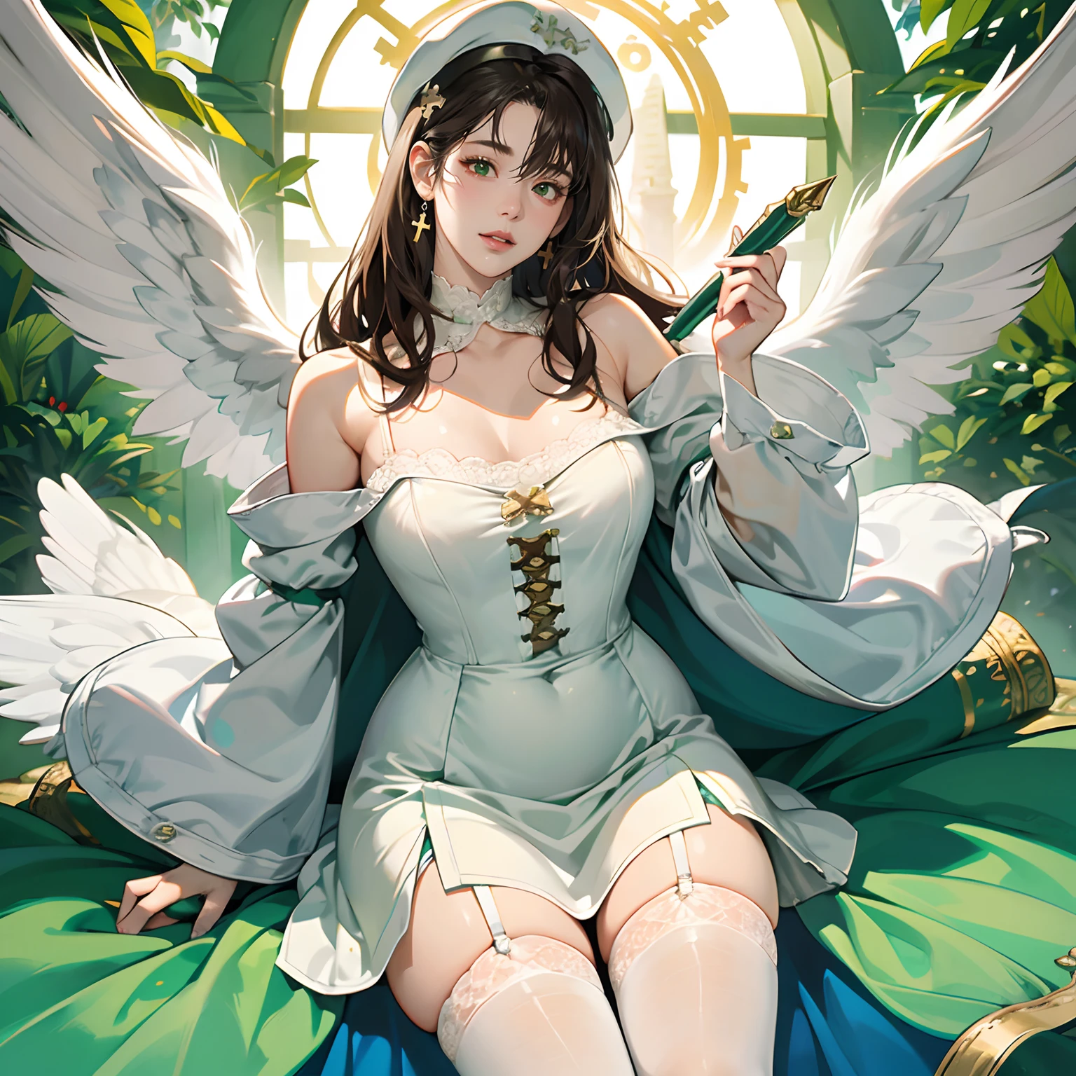 Women in Their 20s, Fantasia、offcial art, unity 8k wall paper, ultra-detailliert, beautifly、Aesthetic, masterpiece, top-quality, Photorealsitic、White Wizard、healer、Healing Magic、Recovery Magic、Enveloped in green light、Saint a girl、White clothes with cross design、angelicales、the presence of wings on the back、crosses、White underwear、Thighs seen through the slit、dark brown short hair、the vast grassland、Green Tree々、majestic view、You can see the castle at the top of the mountain、depth of fields, Fantastic atmosphere, Calm palette, tranquil mood, Soft shading、very large breast、plump figure、Flock of small white birds、Healer's wand:2.0、Staff with green orbs、Costumes with long hems、Deep slit、Huge breasts、Hats with cross design、White cap、thick thight、White lace stockings、White garter belt、