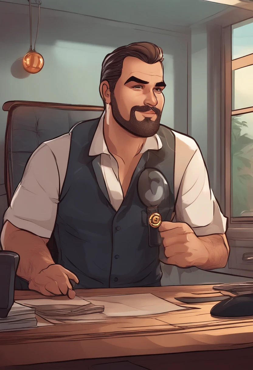 Cartoon character of a man a man of average height, rosto redondo de bolacha , branco e de 46 anos, cearense ceara, Short brown straight hair slicked back, sobrancelhas falhadas, barba no queixo e fraca, flattened head, sorrindo, testa grande, olhos castanhos, vestido com uma camiseta casual preta, Sitting in a trader's office and holding a bitcoin, sorrindo, com o nome alanocrypto escrito no computador aple, com bandeira dos estados unidos, microfone gamer.