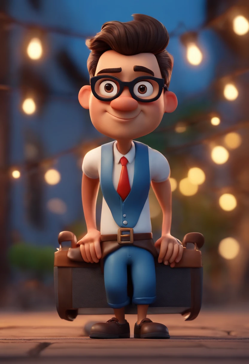 Cartoon character of a man wearing black glasses and a blue shirt, um personagem animado, Caractere estilizado, animation style rendering, 3D estilizado, Arnold Maya render, 3 d render stylized, toon render keyshot, Personagem 3D, Personagem 3D, 3d rendering stylized, 3 d character render, personagem de desenho animado, Personagem de close up, Pose de personagem, (Estilo Pixar) (master part:1.2) (Bokeh) (best quality) (pele detalhada) (textura detalhada) (8k) (argila) (Cinematic lighting) (foco nítido,Senta e vaza a parte superior do corpo