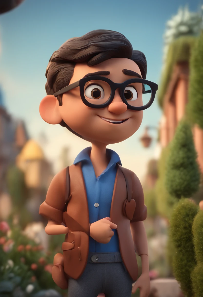 Cartoon character of a man wearing black glasses and a blue shirt, um personagem animado, Caractere estilizado, animation style rendering, 3D estilizado, Arnold Maya render, 3 d render stylized, toon render keyshot, Personagem 3D, Personagem 3D, 3d rendering stylized, 3 d character render, personagem de desenho animado, Personagem de close up, Pose de personagem, (Estilo Pixar) (master part:1.2) (Bokeh) (best quality) (pele detalhada) (textura detalhada) (8k) (argila) (Cinematic lighting) (foco nítido，Senta e vaza a parte superior do corpo