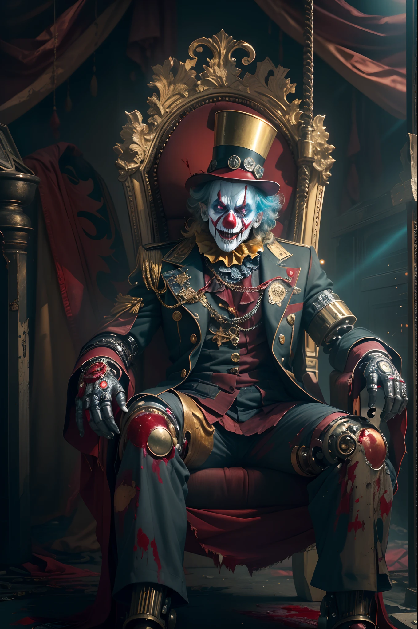 The Crazy Cyborg Clown Emperor,sitting on a golden throne,Wear a clown hat, (Metal mechanical limbs),Circus props,Laughing, Deep blonde hair.((Blood fog)),Spooky atmosphere,(Abandoned amusement park). Surrealist style, vivd colour,Sharp contrast, ominous lighting, high-density imaging review, Ultra-high definition, Studio lighting,physically-based renderingt, professional (scary style).(Best quality,4K,8K,A high resolution,Masterpiece:1.2),(Realistic,Photorealistic,photo-realistic:1.37).