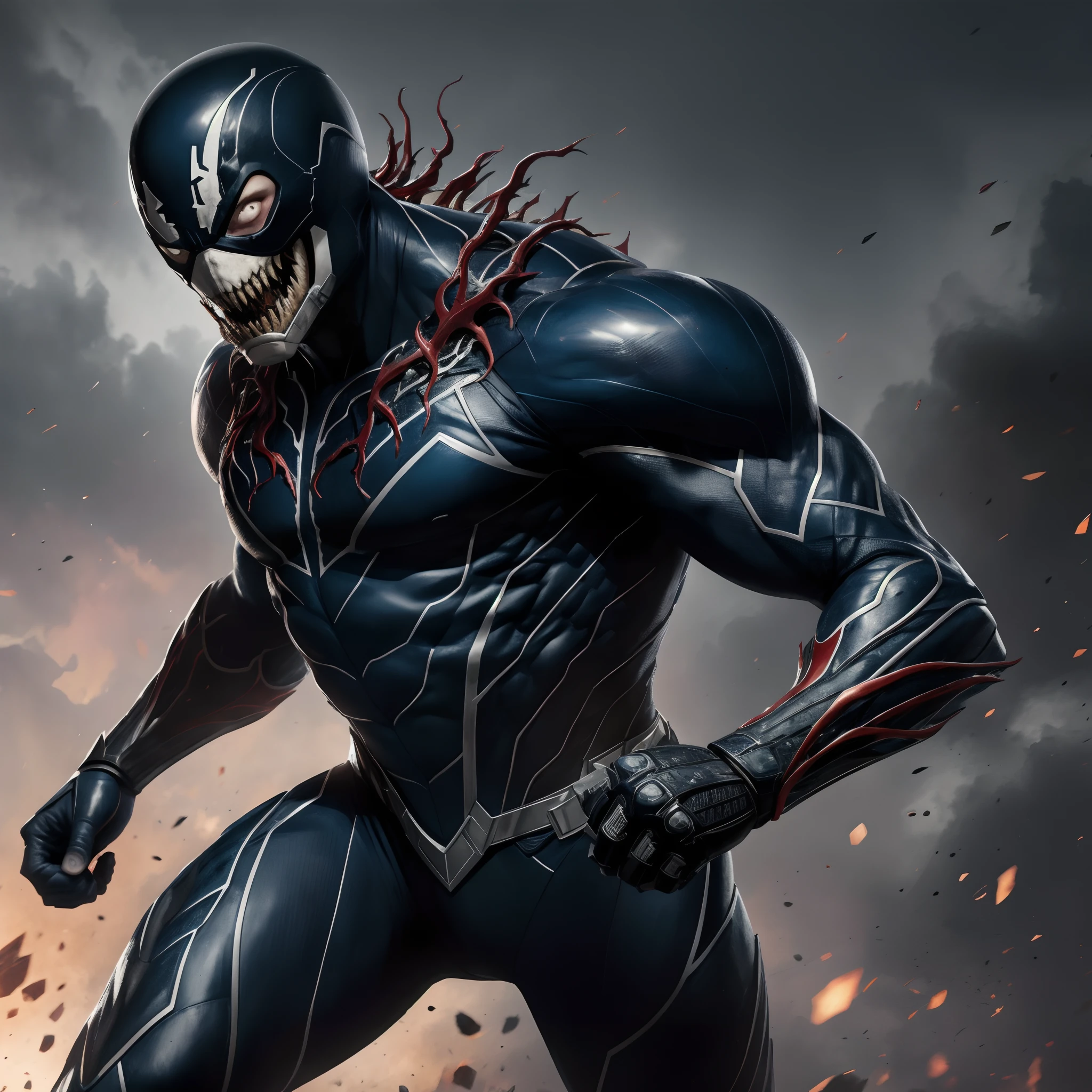 Venom, exaggeratedly muscular(huge:2.0), dilated veins, huge pectorals (huge muscle: 2.0), huge biceps, muscular thighs, thin waist, tongue out, sexy pose, covered with a viscous , room full of black and oily tentacles, alien eggs oily.