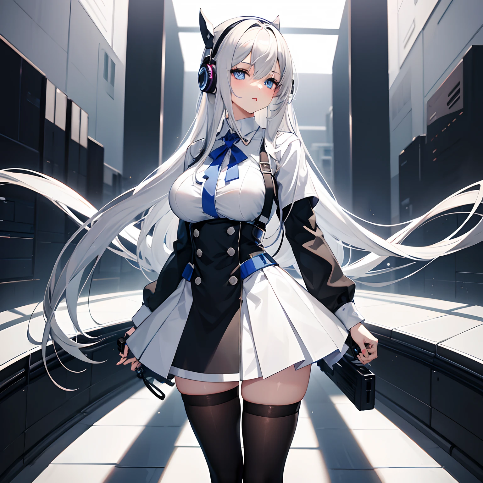 "anime girl, 1 person, silver white hair mixed with black, blue eyes, wearing headphones, female shirt, female school uniform, big breasts, hands on chest, tights, standing with crossed legs, holding hands gun pointed at perspective, licking lips, side view,solo 1 ,(full HD 4K+ image)"
