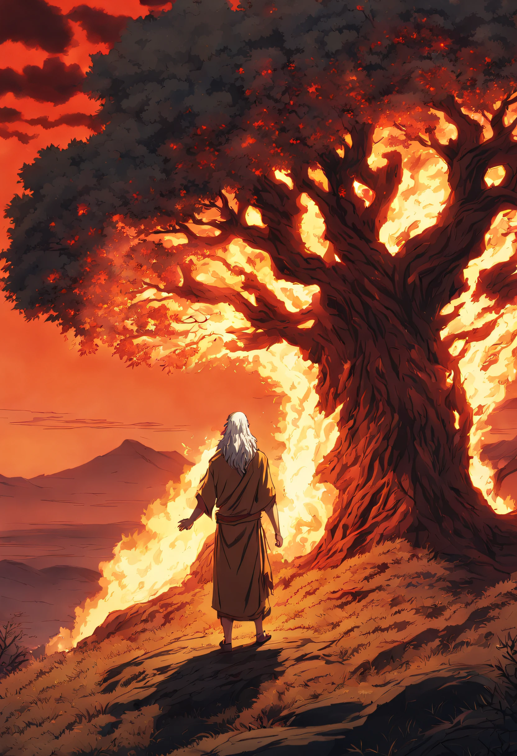 Uma cena iluminada pelo fogo divino: Moses in front of a burning bush that is not consumed, um encontro sagrado entre homem e Deus. imagem estilo anime