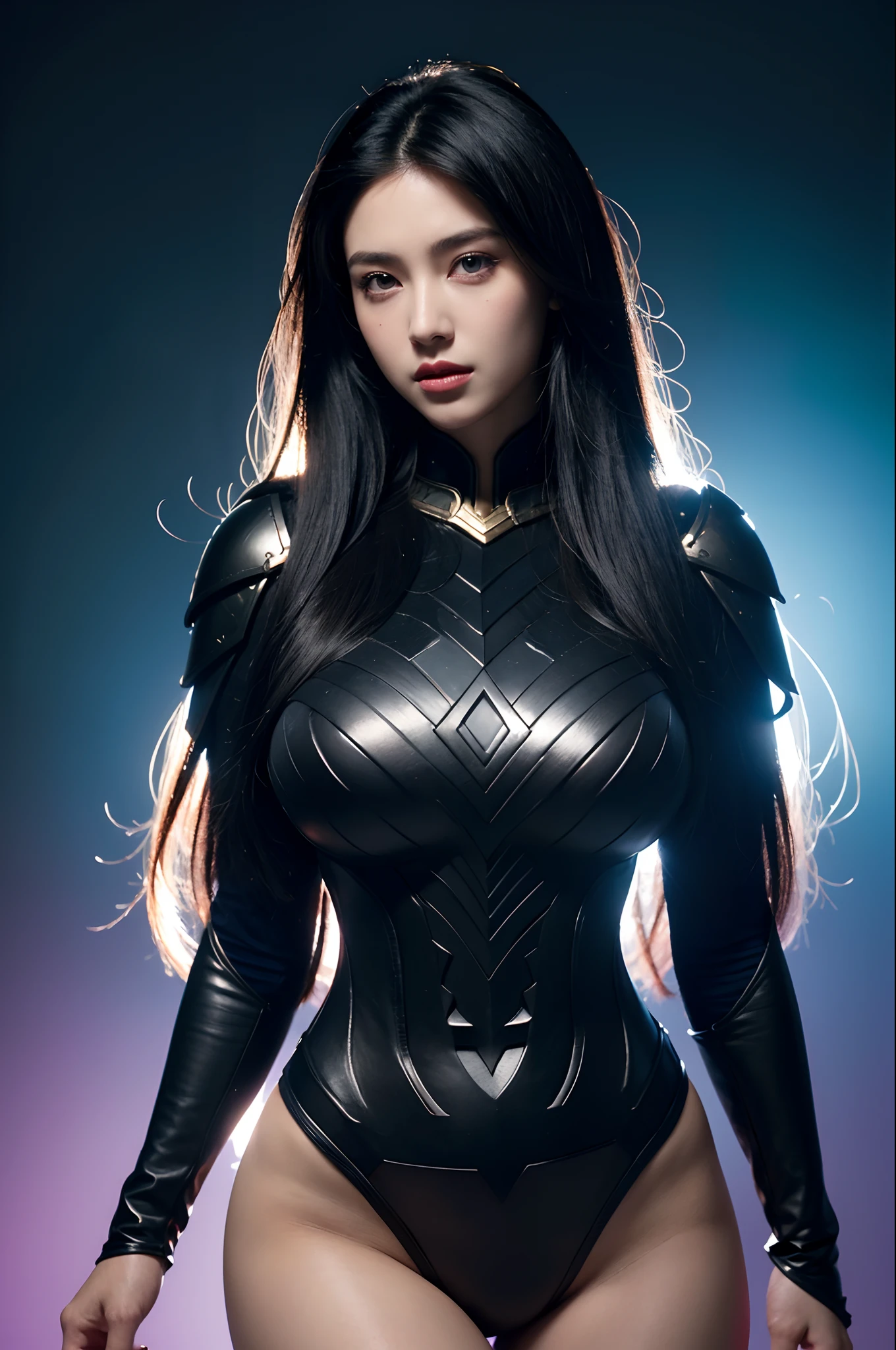1girl, depth of field, official art, unity 8k wallpaper, ultra detailed, illustration, beautiful and aesthetic, masterpiece, best quality, knight, (big breasts), (milf, mature female), (black armor, armor, breastplate), beautiful face, (long hair, black hair, very straight hair:1.4, hime cut:1.4), blue eyes, cowboy shot, glowing skin, back lighting, athletic figure, muscular female, curvy, wide hips, colorful, looking at viewer, Hyperrealistic, gradient background, dark background, outline, fantasy, from the front, watercolor, traditional media, (chromatic aberration, intricate details)