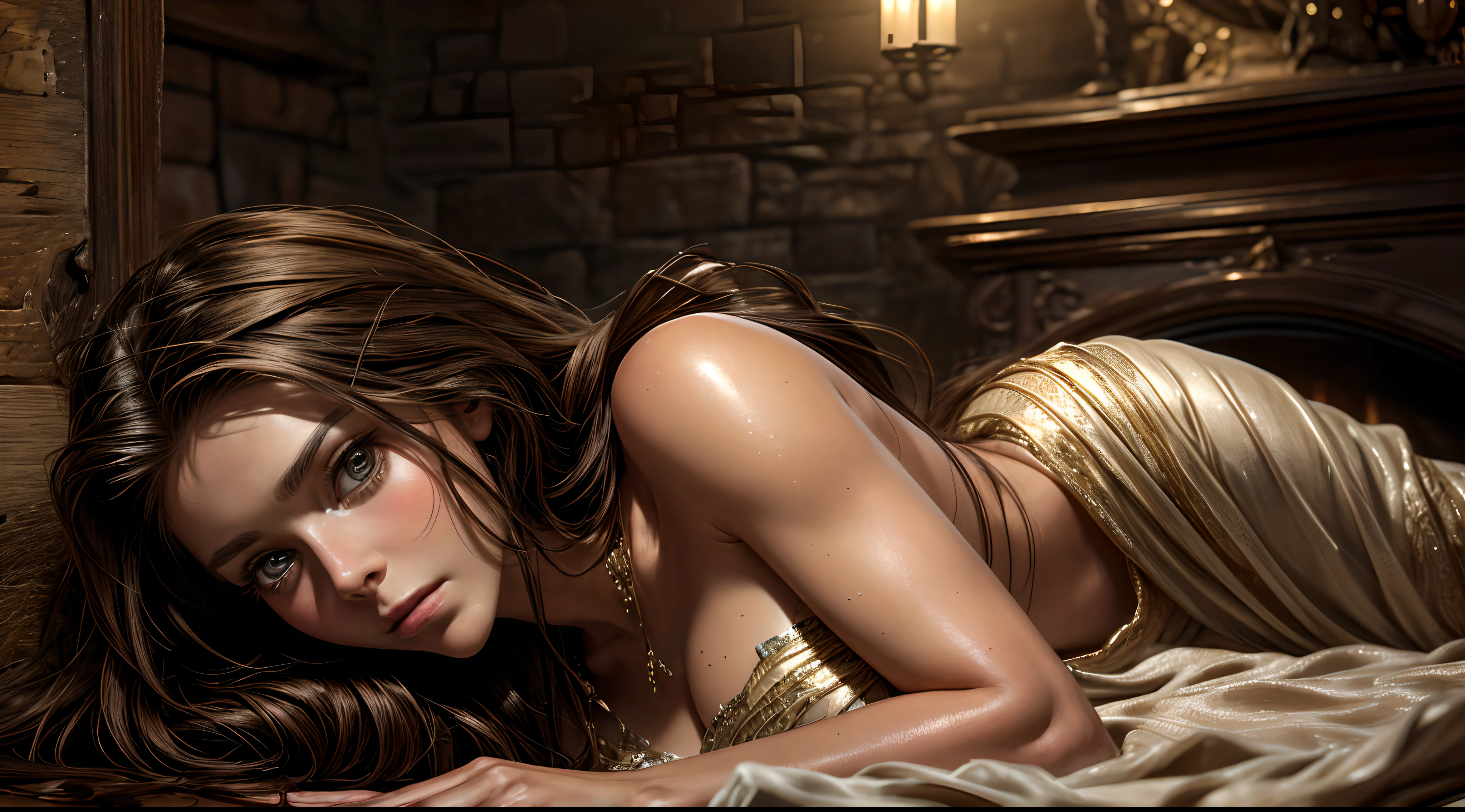8K,Best quality, masterpiece, ultra high res, (photorealistic:1.4), raw photo, (Authentic skin texture:1.3), (film grain:1.3),1girl, messy long hair, brown hair, beautiful detailed eyes and face,masterpiece, best quality, gina holden, taylor cole, elegant dress, silk dress, fantasy, wizard, indoor, crypt, ((portrait)), (perfect face)