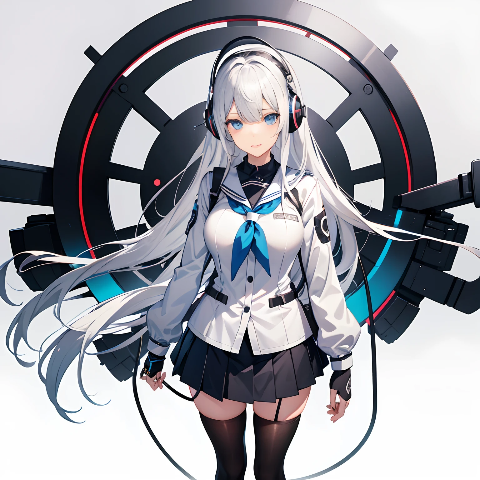 "anime girl, 1 person, silver white hair mixed with black, blue eyes, wearing headphones, female shirt, female school uniform, big breasts, hands on chest, tights, standing with crossed legs, holding hands  gun pointed at perspective, licking lips, side view,solo 1 ,(full HD 4K+ image)"