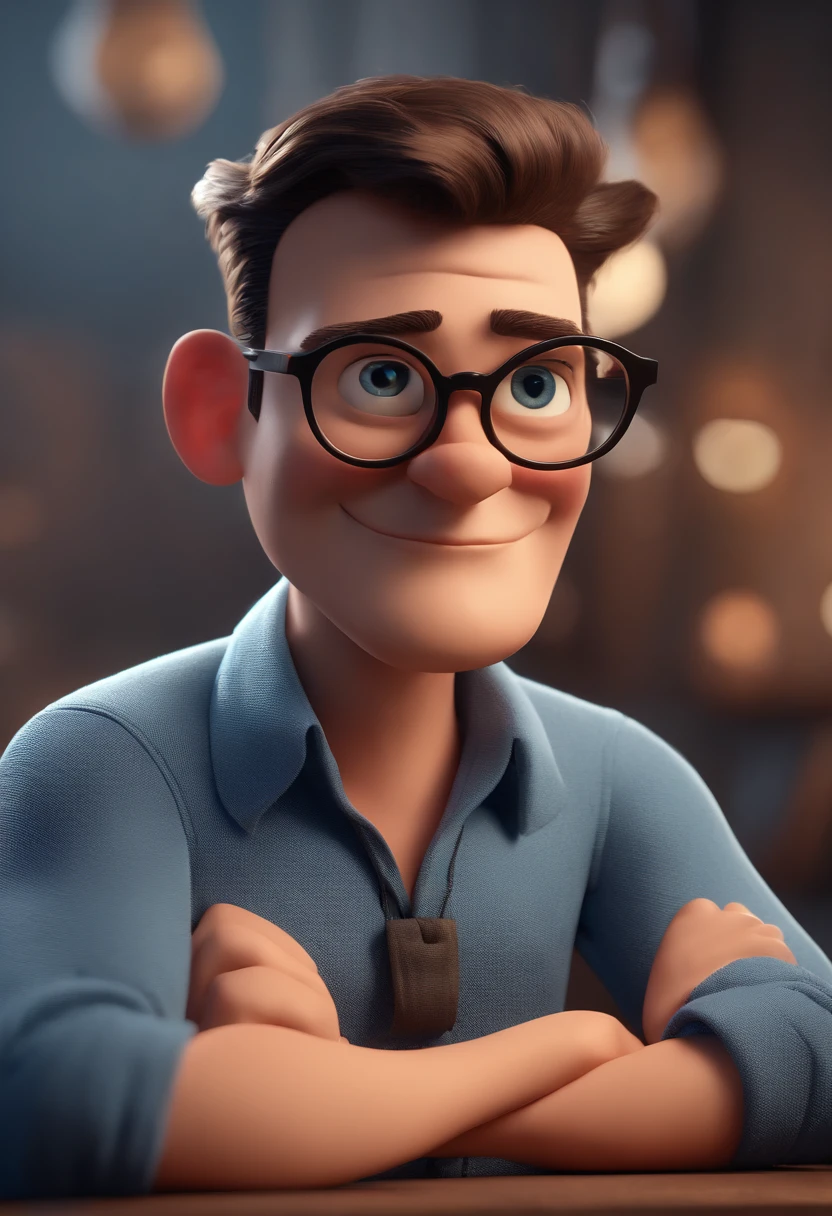 Cartoon character of a man with black glasses and a blue shirt, animation character, Caractere estilizado, animation style rendering, 3D estilizado, Arnold Maya render, 3 d render stylized, toon render keyshot, Personagem 3D, Personagem 3D, 3d rendering stylized, 3 d character render, personagem de desenho animado, Personagem de close up, Pose de personagem,  (Estilo Pixar) (master part:1.2) (Bokeh) (best quality) (pele detalhada) (textura detalhada) (8k) (argila) (Cinematic lighting) (foco nítido